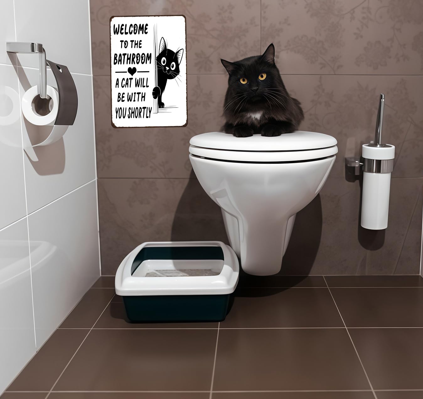Funnysign Cat Lovers Gifts Welcome To The Bathroom A Cat Will Be with You Tin Sign for Bathroom Toilet Decor 8 X 12 Inch(3996)
