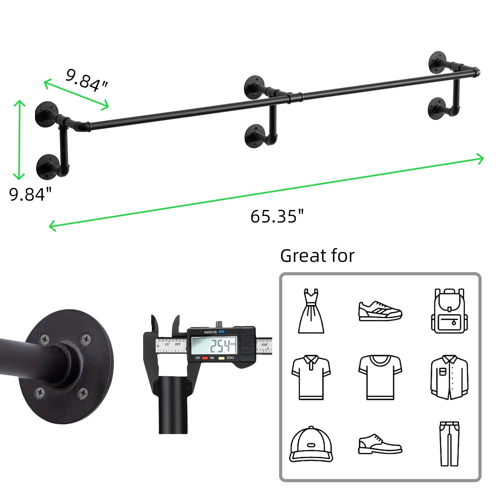 Wall Clothes Rack, Industrial Pipe Clothing Rack For Hanging Clothes, Wall Mounted Heavy Duty Space Saving Garment Racks, Multi-