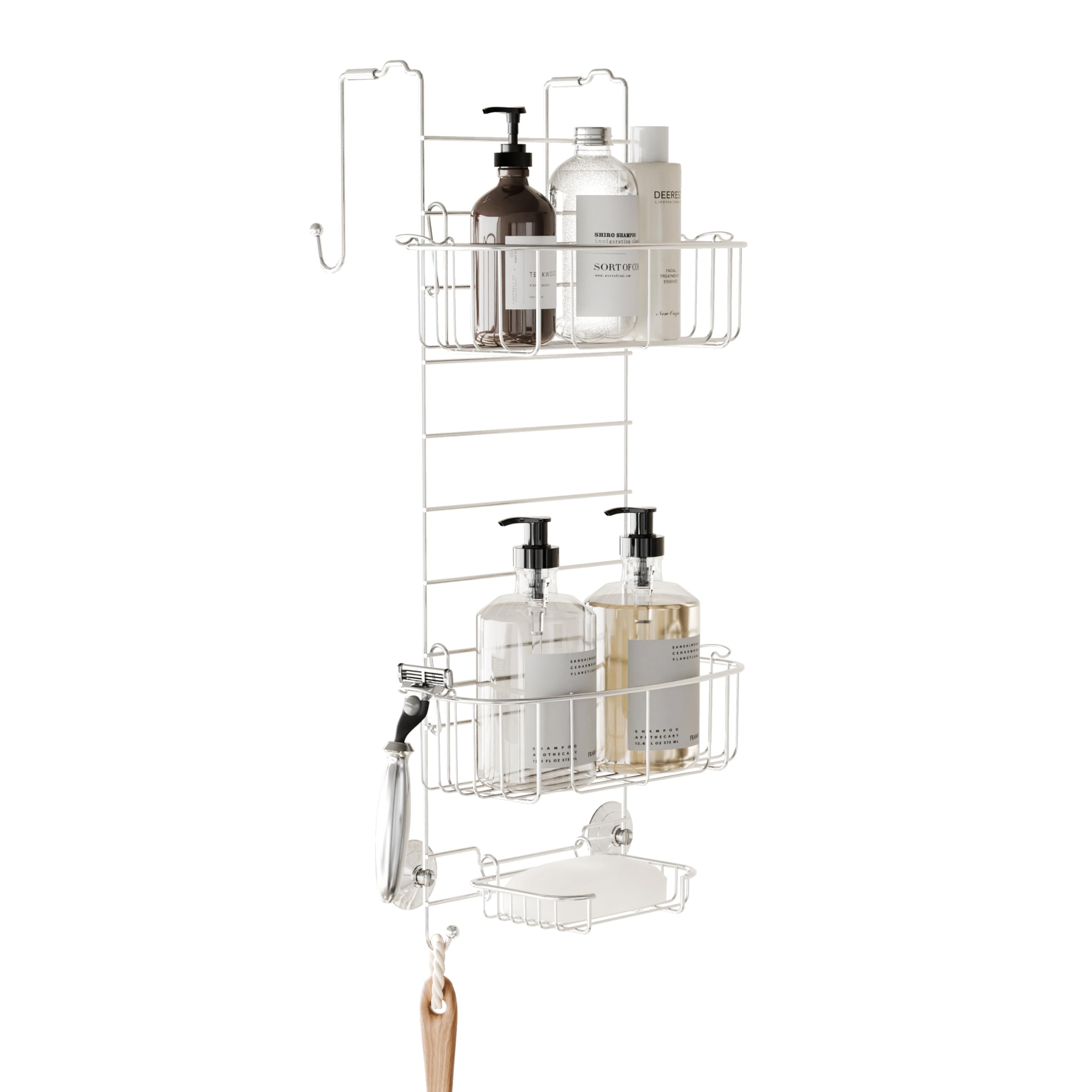 Zenna Home Shower Caddy Hanging Over the Shower Door Organizer, Stainless Steel Rack with 2 Shelves and Built in Hooks, Bathroom