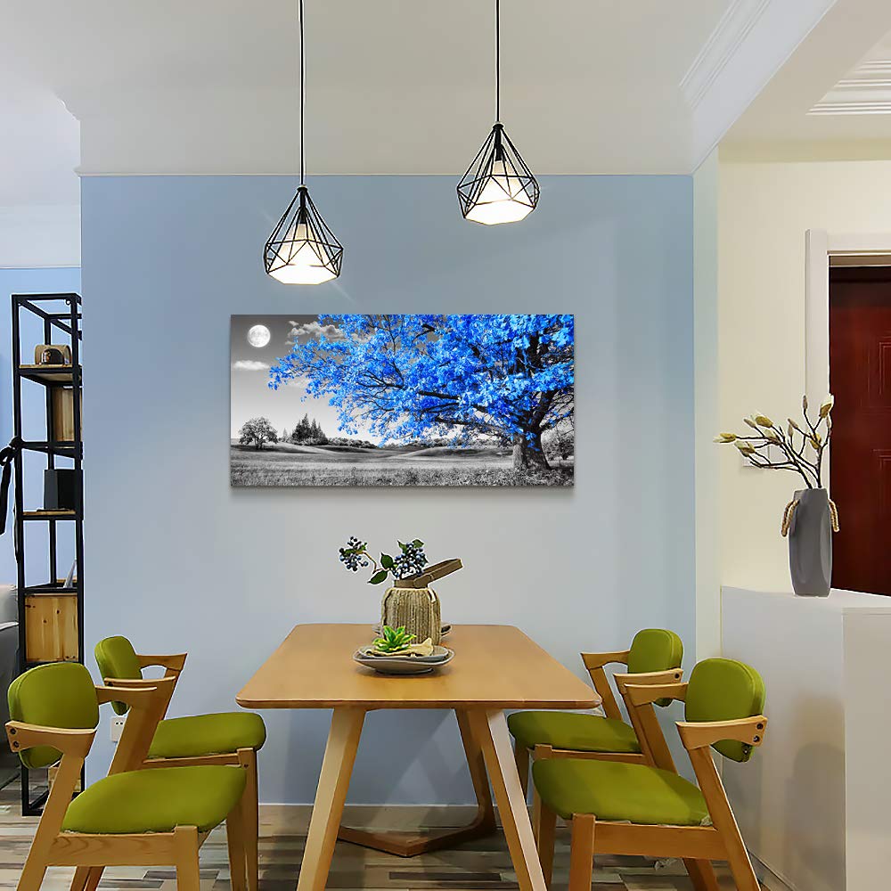 wall art for living room Simple Life Blue moon tree landscape Abstract painting office Wall Decor 20'' x 40'' single Pieces Canvas Prints Ready to Hang for Home Decoration Black and white Works of art