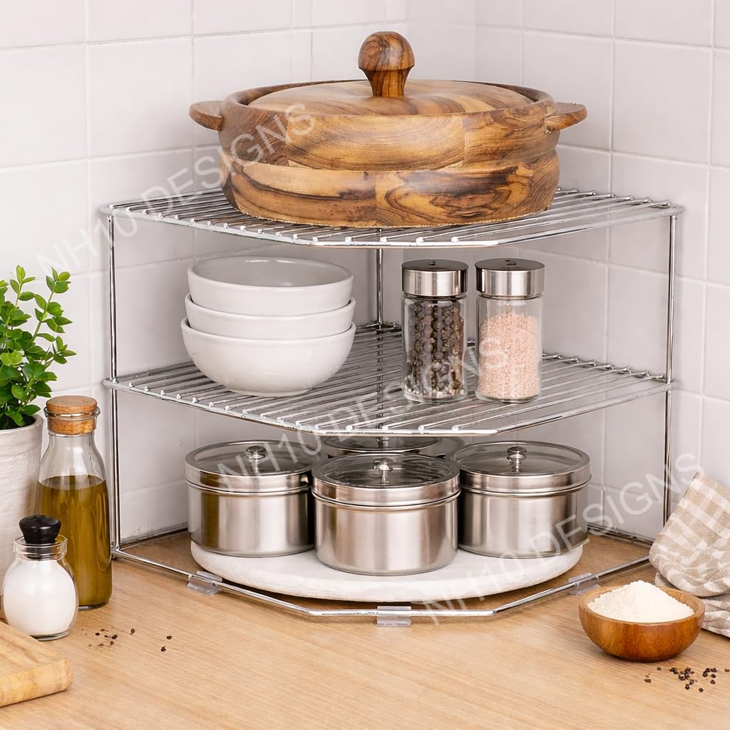 Nh10 Designs Steel Kitchen Space Saver Rack 2 Tier Storage Corners Rack For Kitchen | Plate Dish Corner Self Stand Holder | Tray