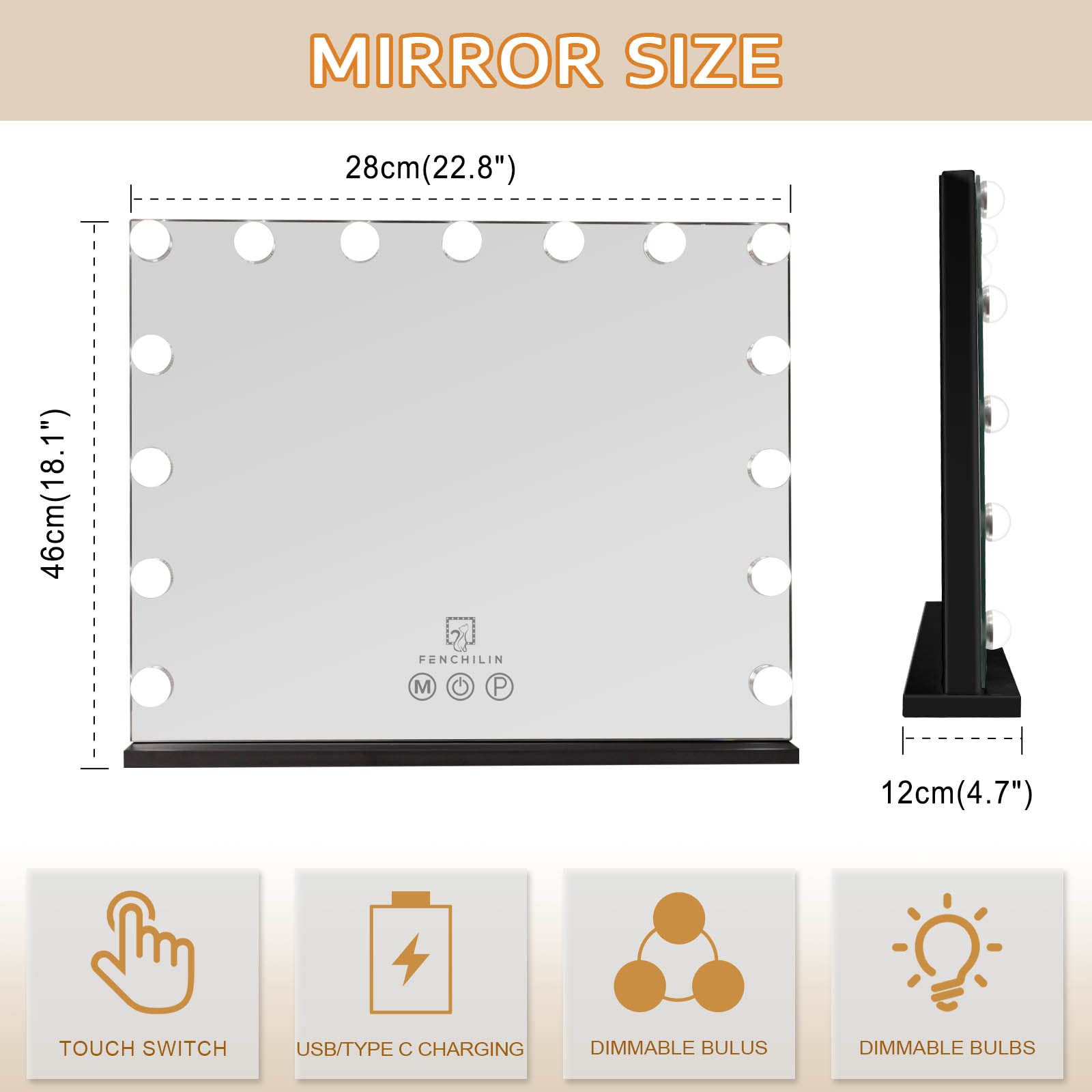 FENCHILIN Vanity Mirror with Lights Hollywood Lighted Mirror with Dimmer Bulbs Tabletop or Wall Mounted Vanity Makeup Mirror Smart Touch Control (Black)