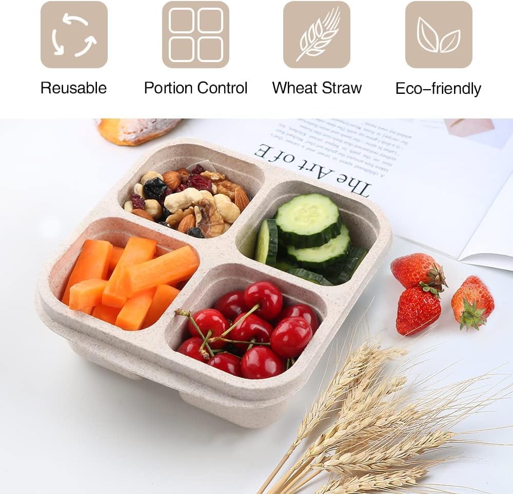 Ozazuco 4 Pack Snack Containers, Divided Bento Snack Box, 4 Compartments Reusable Meal Prep Lunch Containers For Kids Adults, Fo