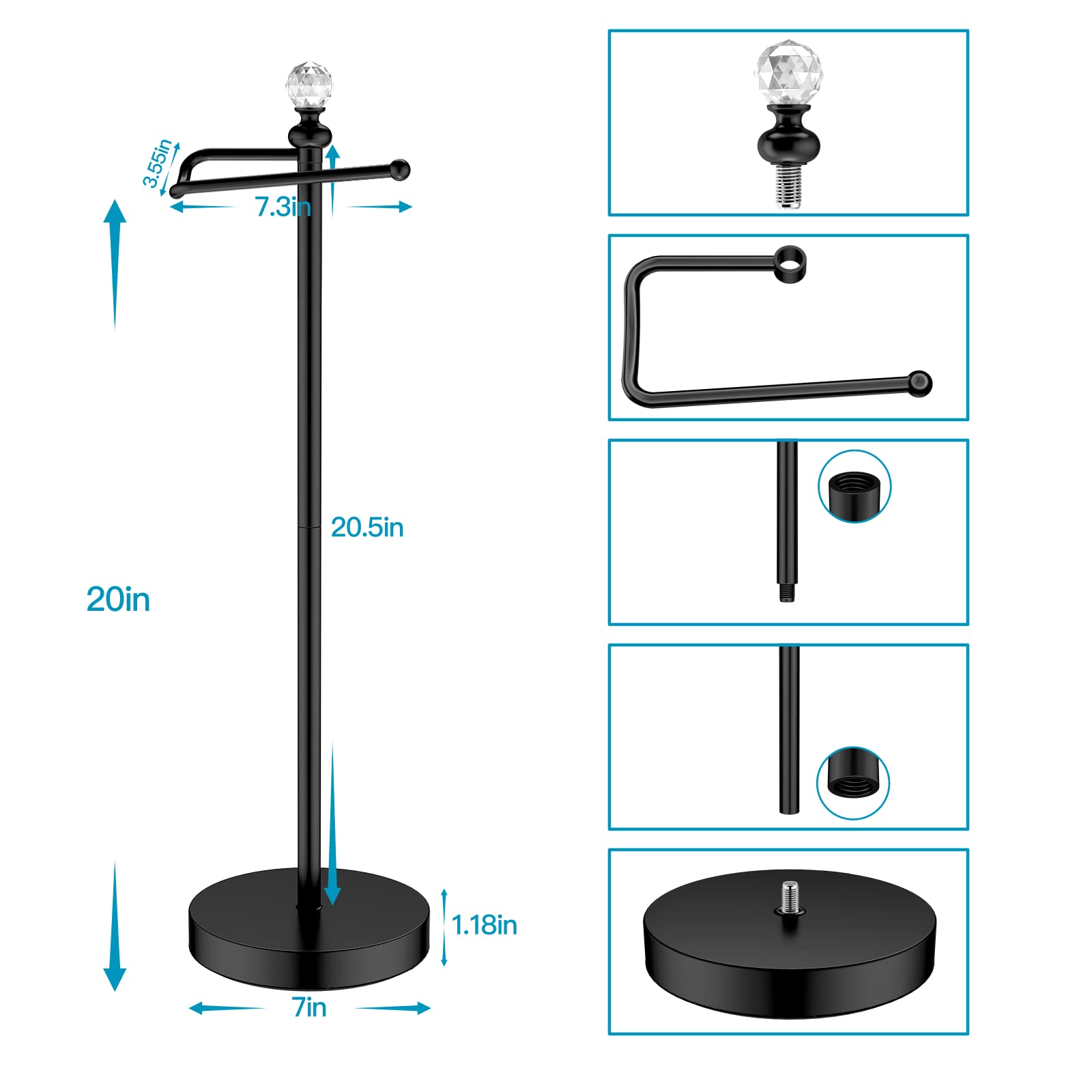ROLABAM Heavy Weighted Toilet Paper Holder (with Reserve Function) Free Standing Toilet Paper Holder Stand for Bathroom Total Height 24.4'' with Crystal Ball Matte Black Finished