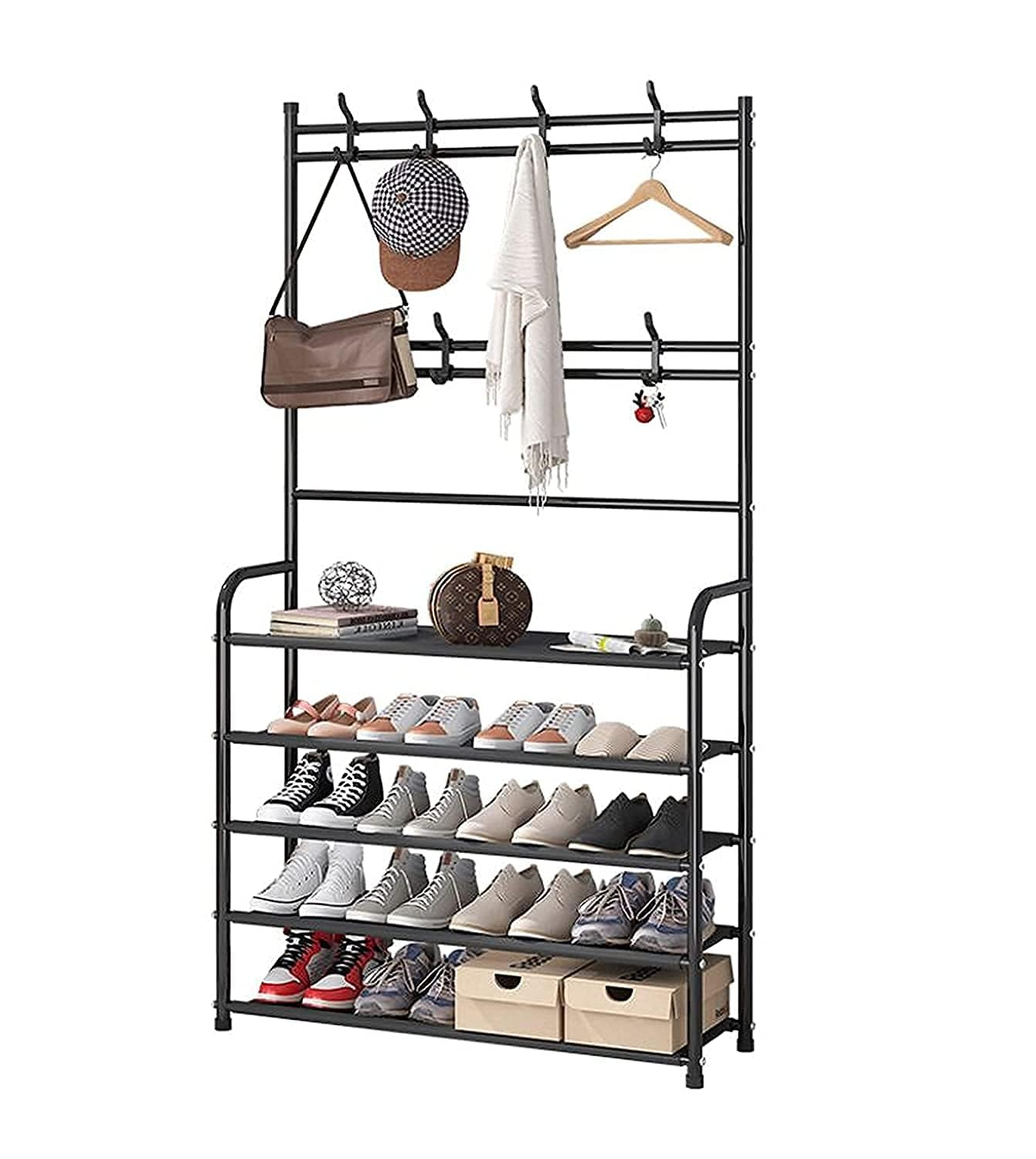 Buenovida Black Garment Rack | Multipurpose Coat Hanger With Shoe Rack, Clothes Organizer With 5 Bottom Shelves, SpaceSaving St
