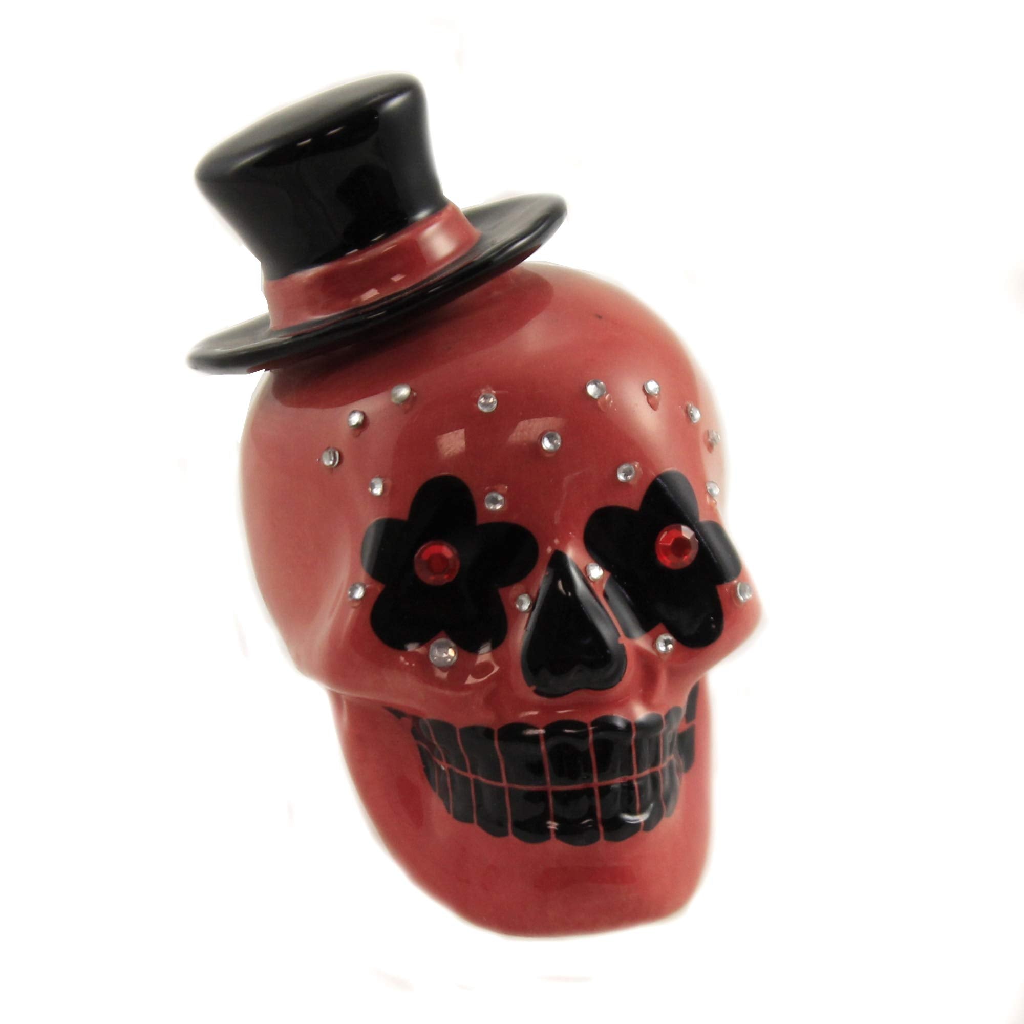 Pacific Giftware Day Of Dead Sugar Black & Red Skulls Salt & Pepper Shakers Set Rhinestone Dod Top Hat