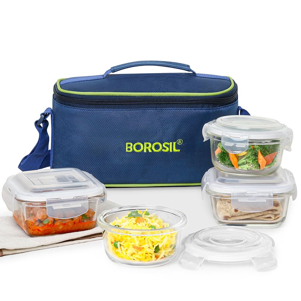 Borosil Glass Universal Lunch Box Set of 4, (2pcs 320 ml sqr + 2pcs 240 ml Rnd) Microwave Safe Office Tiffin