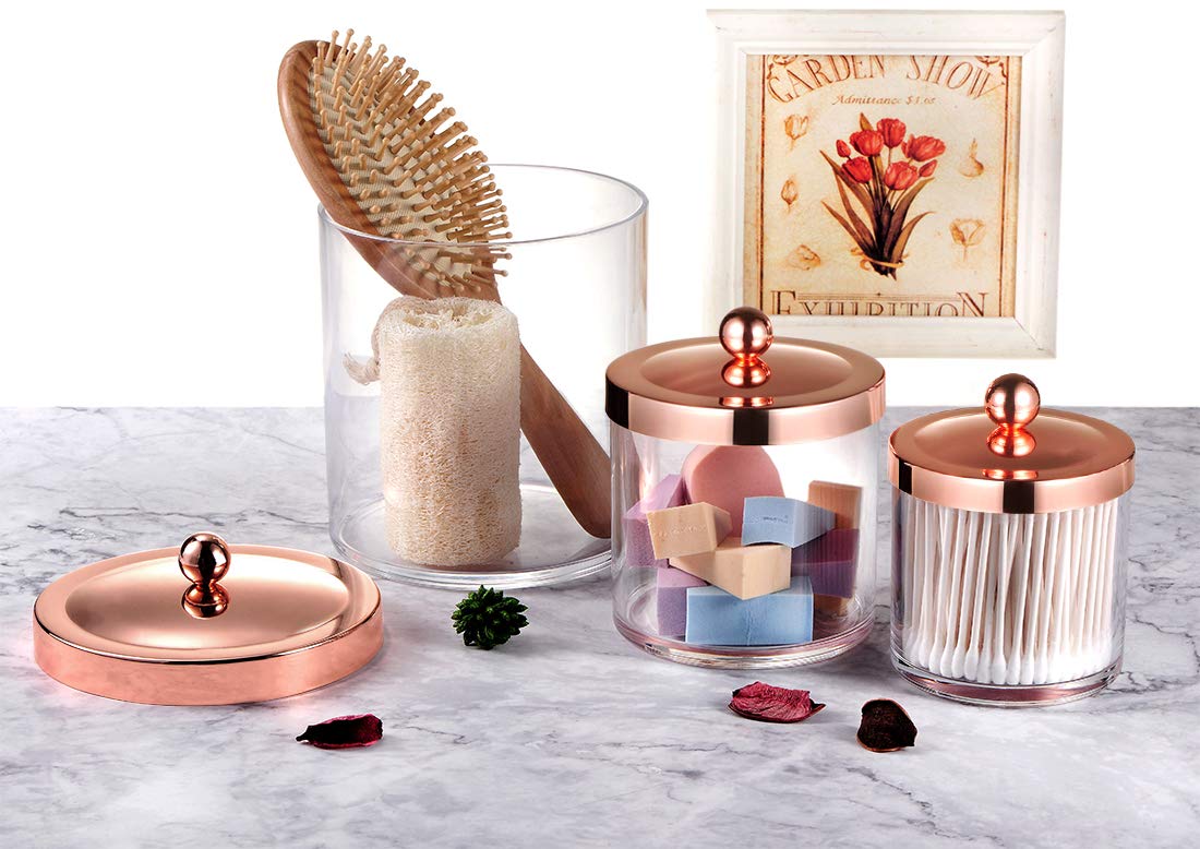 Premium Quality Apothecary Jars - Clear Plastic Storage Jars with Rust Proof Stainless Steel Lids - Bathroom Vanity Countertop Storage Organizer Canister Holder House Decor | Set of 3 (Rose gold)