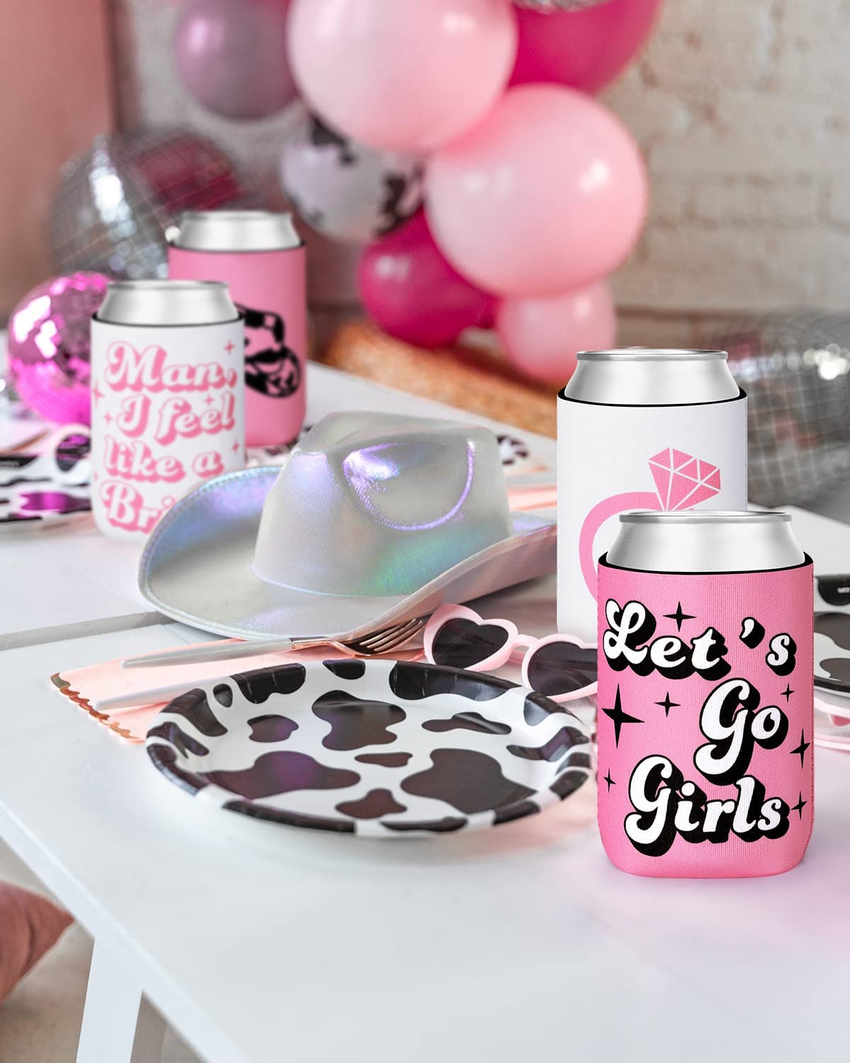 12-Pack Disco Cowgirl Bachelorette Party Can Sleeves Let's Go Girl Beverage Sleeves Favor for Space Cowgirl Bridal Shower Party Supplies 70s Theme Retro Bachelorette Party Decorations