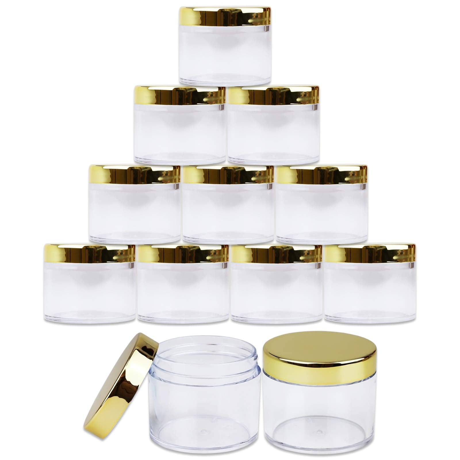 Beauticom 2 Oz./ 60 Grams/ 60 Ml (Quantity: 12 Packs) Thick Wall Round Clear Plastic Leak-Proof Jars Container With Gold Lids Fo
