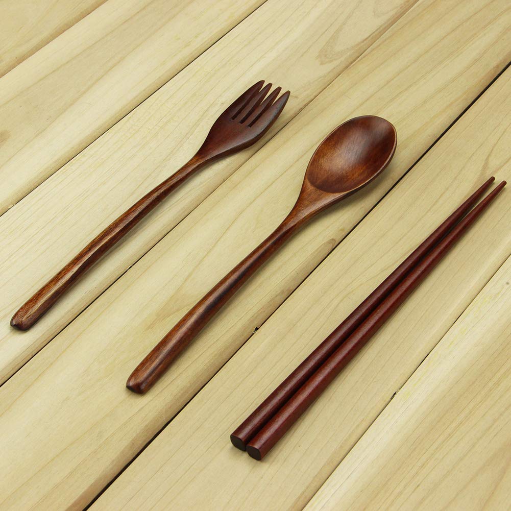 Wooden Spoon And Fork Set, Flatware Set, Aoosy Nanmu Wood Fork Spoon Chopsticks Travel Flatware Set Tableware With Bag, Brown Co