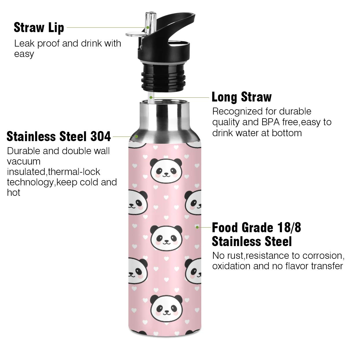 Panda Face Water Bottle Kids Stainless Steel Vacuum Insulated Water Flask Thermo Standard Mouth Bottle With Wide Handle