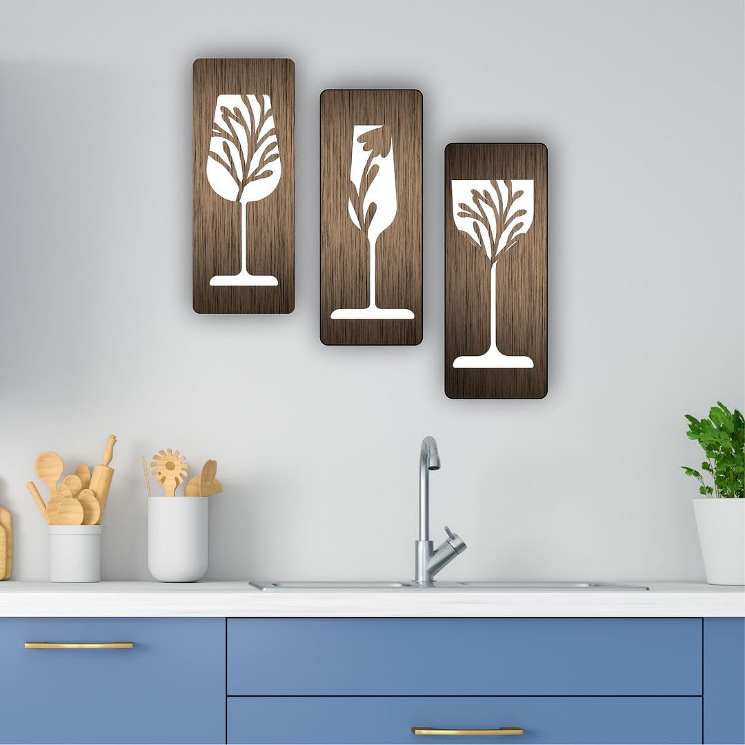 CVANU Set of 3 Leaf & Glass Shape Cutting MDF Self-Adhesive Wall Hanging Cutout for Wall Decoration (10inchX4inch)_W273