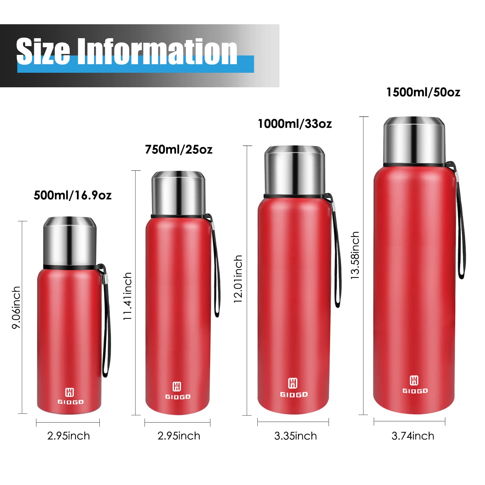 Insulated Vacuum Thermo Bottle 50Oz With Cup Lid Leakproof Stainless Water Flask For Coffee Hot And Cold Drink.(Red,1500Ml)