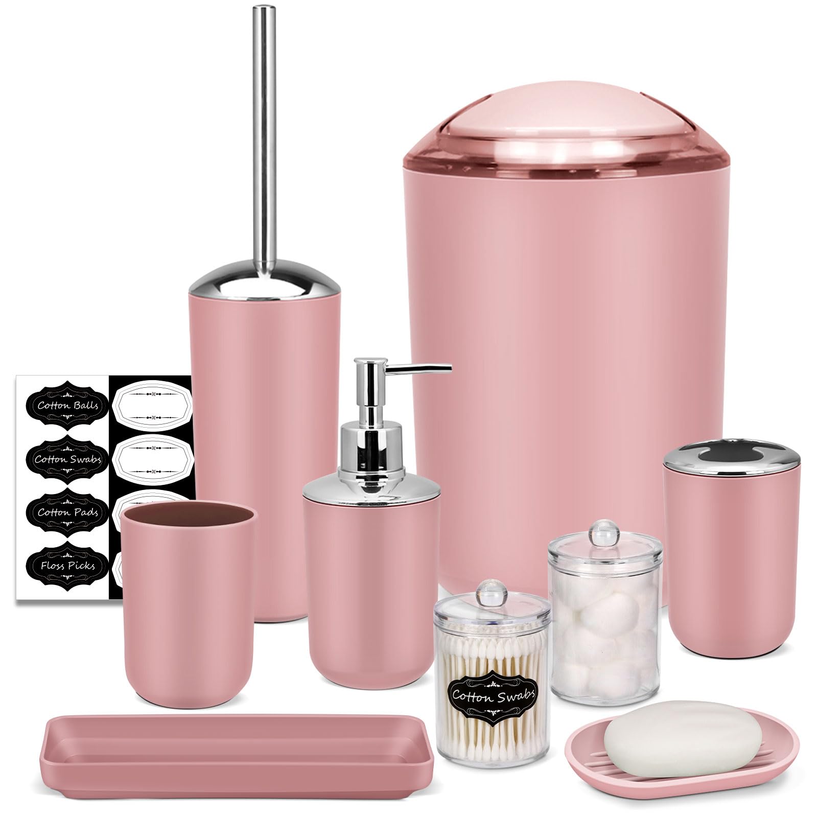 Imavo Bathroom Set - 9 Pcs Pink Bathroom Accessories Set With Trash Can,Tray,Soap Dispenser,Soap Dish, Toothbrush Holder,Toothbr