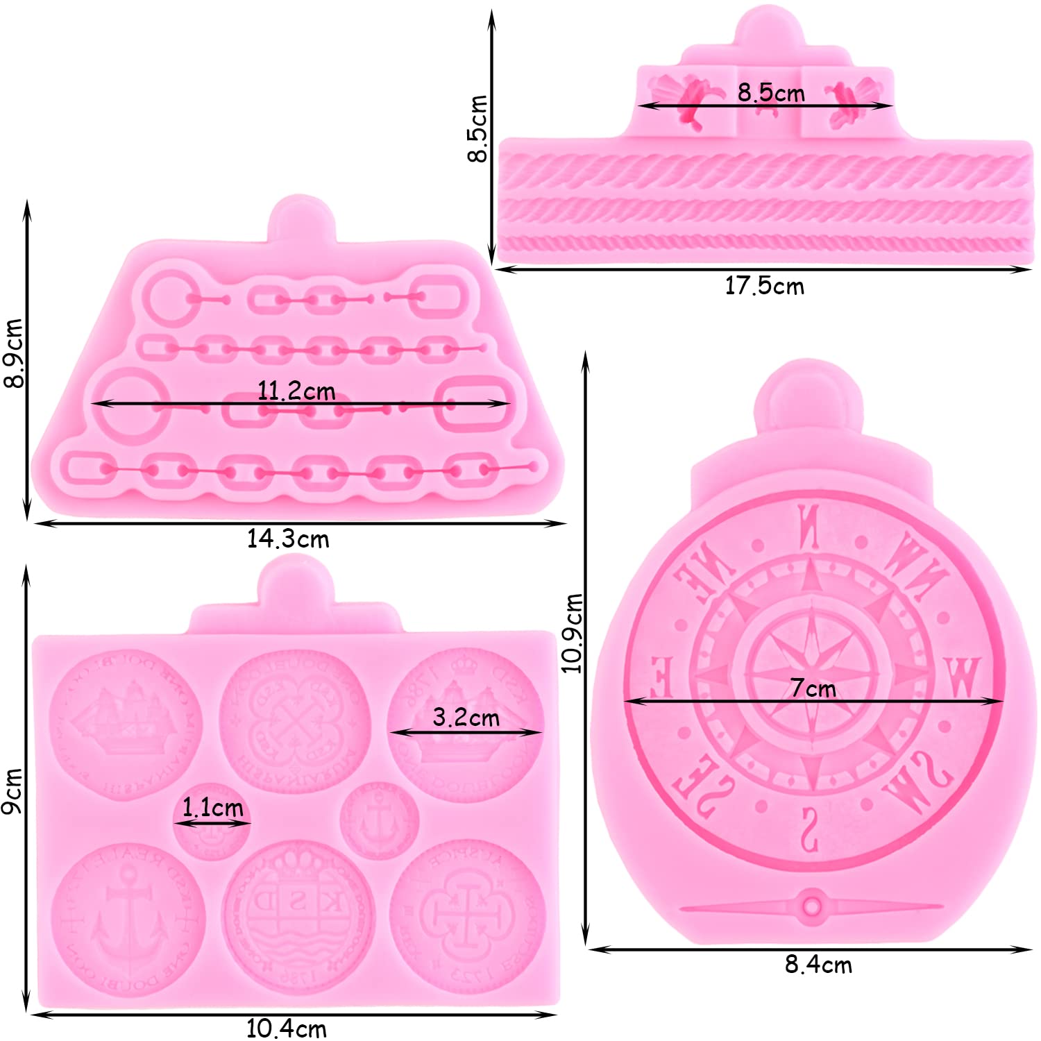 Zixiang Treasure Coins Silicone Mold Pirate Rope Fondant Mold Antique Compass Silicone Mold Chains Fondant Molds For Cake Decora