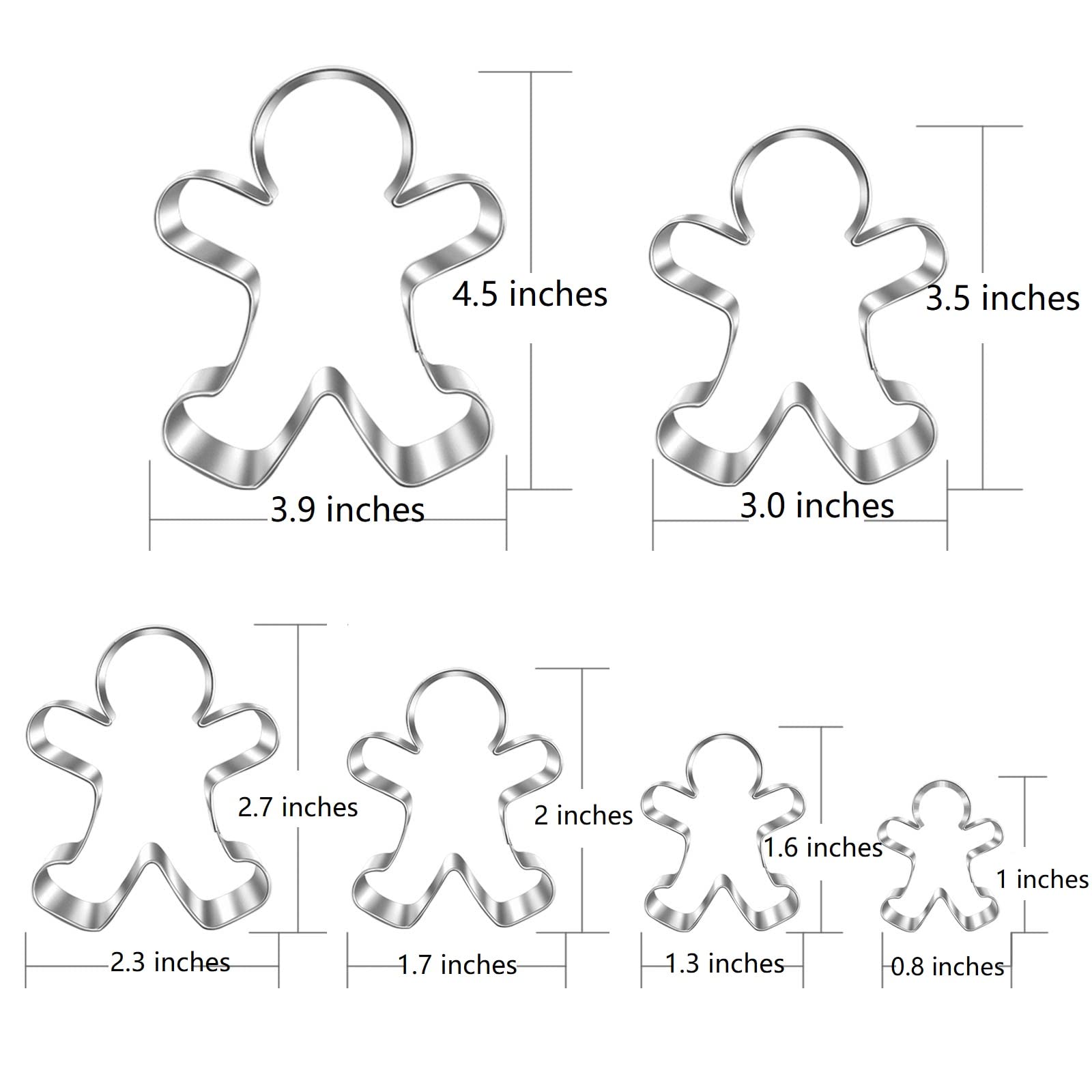 Gingerbread Man Cookie Cutter Set-4.5'', 3.5'', 2.8'', 2.1'', 1.6''-0.9''-6 Pieces-Holiday Christmas Cookie Cutter