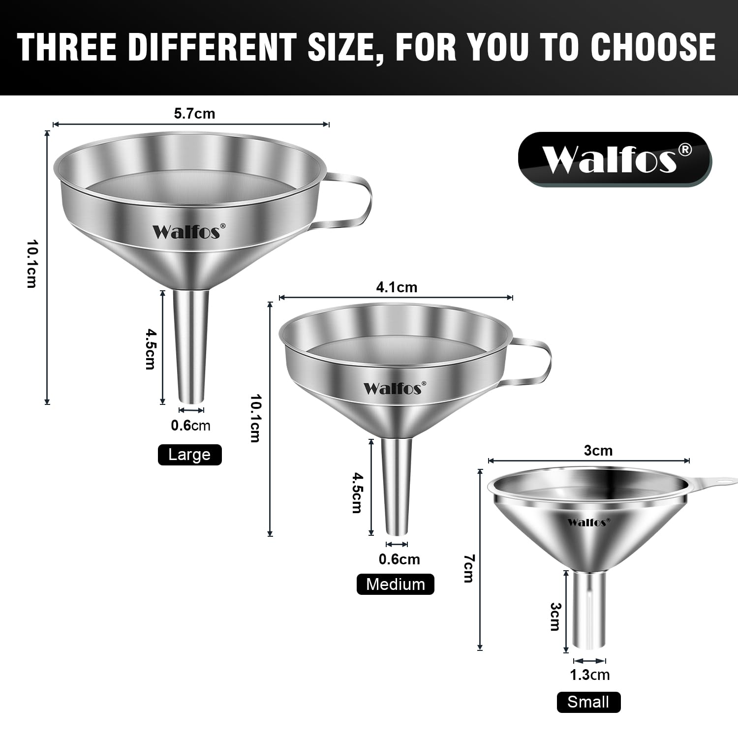 Stainless Steel Funnel, Walfos 3 Different Sizes Of Kitchen Funnels With 2 Removable Strainer & 1Pcs Cleaning Brush, For Transfe