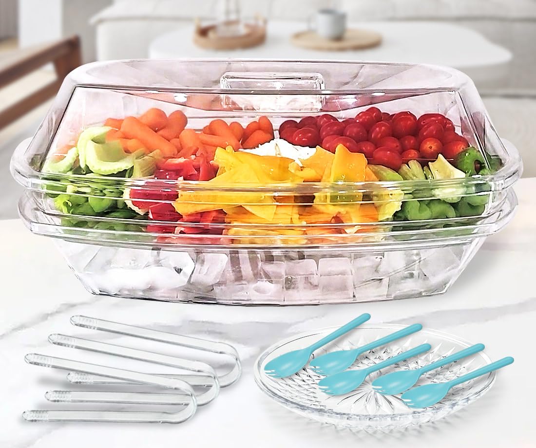 Innovative Life High-End Veggie Fruit Tray With Lid, Ice Chilled Vegetable Serving Platter With Ice Tray On Bottom, Perfect For