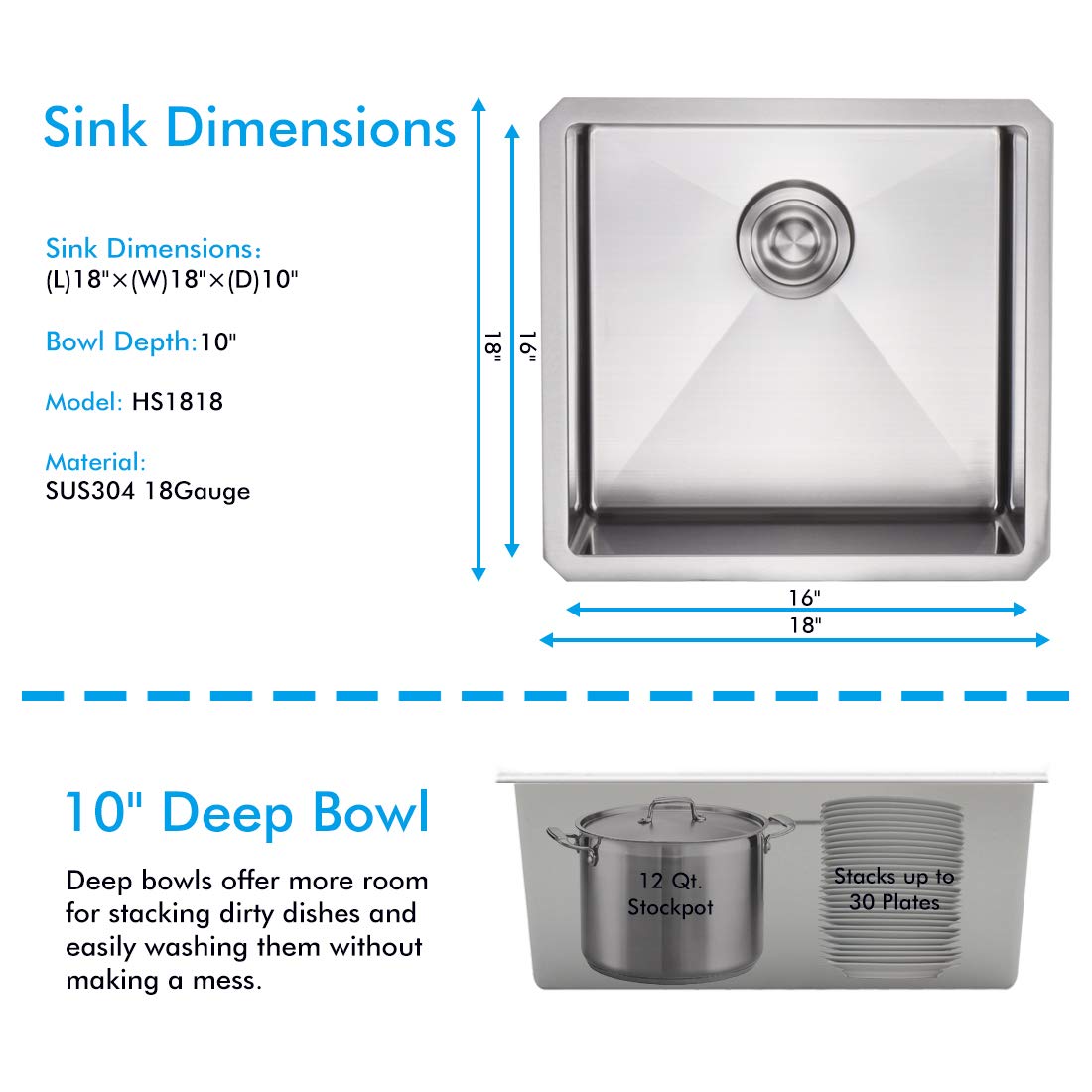 Vadania Bar Prep Sink 18-Inch, 18''X18''X10'', Single Bowl, Undermount, 18 Gauge T304 Stainless Steel, Satin Finish, With Strain