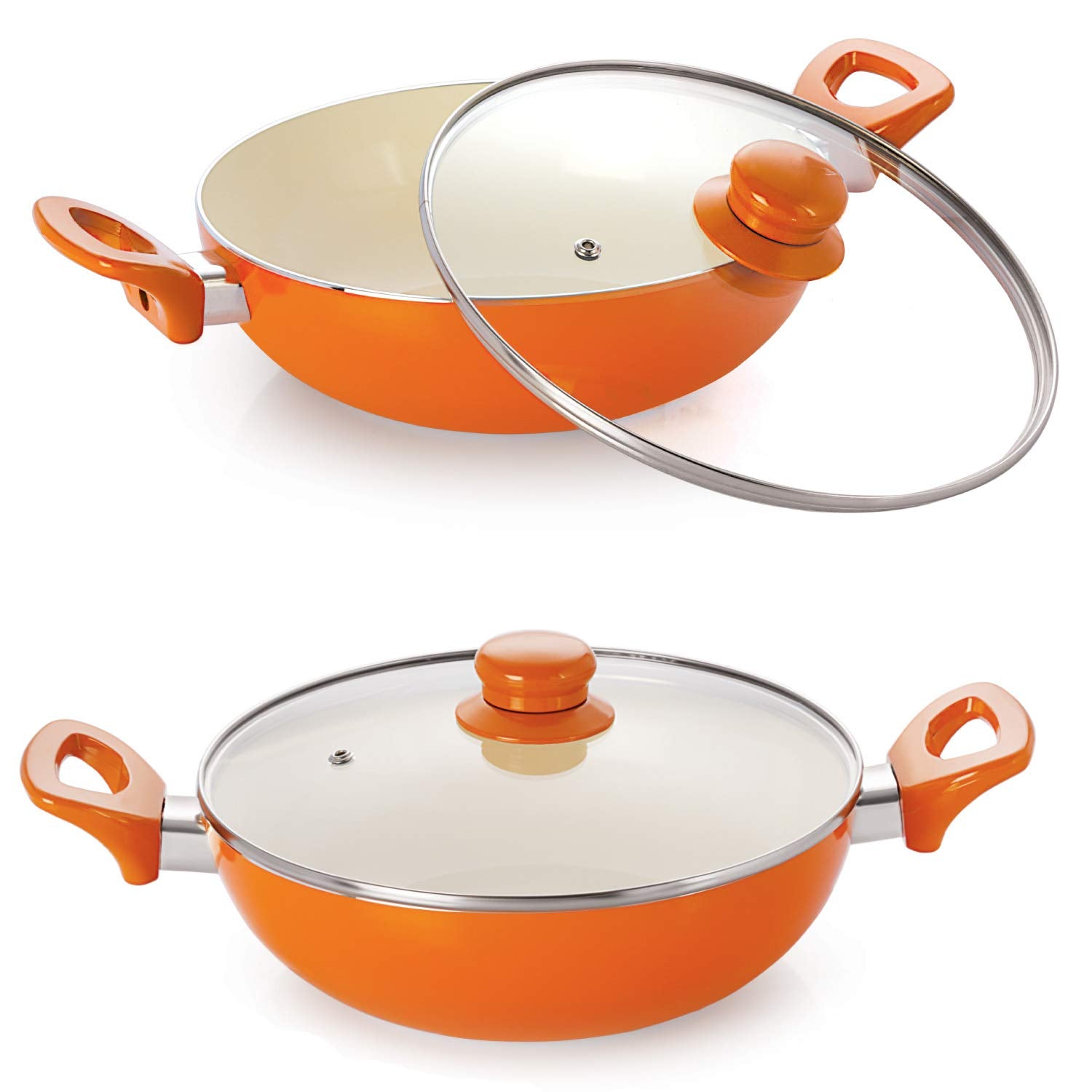 Nirlon Ceramic Induction Nonstick Cookware Utensil Set With Glass Lid ( Orange, 2 Piece)