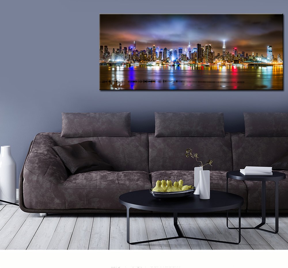 sechars - New York City Canvas Wall Art Manhattan Skyline Panorama on Cloudy Night Picture Giclee Art Print Modern Home Office Wall Decoration Stretched Canvas Ready to Hang
