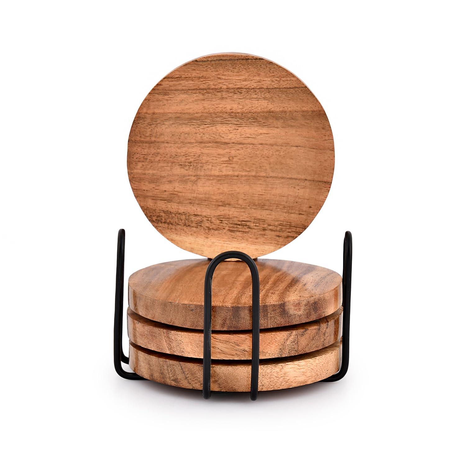 Edhas Acacia Wood Coasters For Drinks With Iron Holder Stand For Coffee Table, Tabletop Protection Decor, Set Of 4