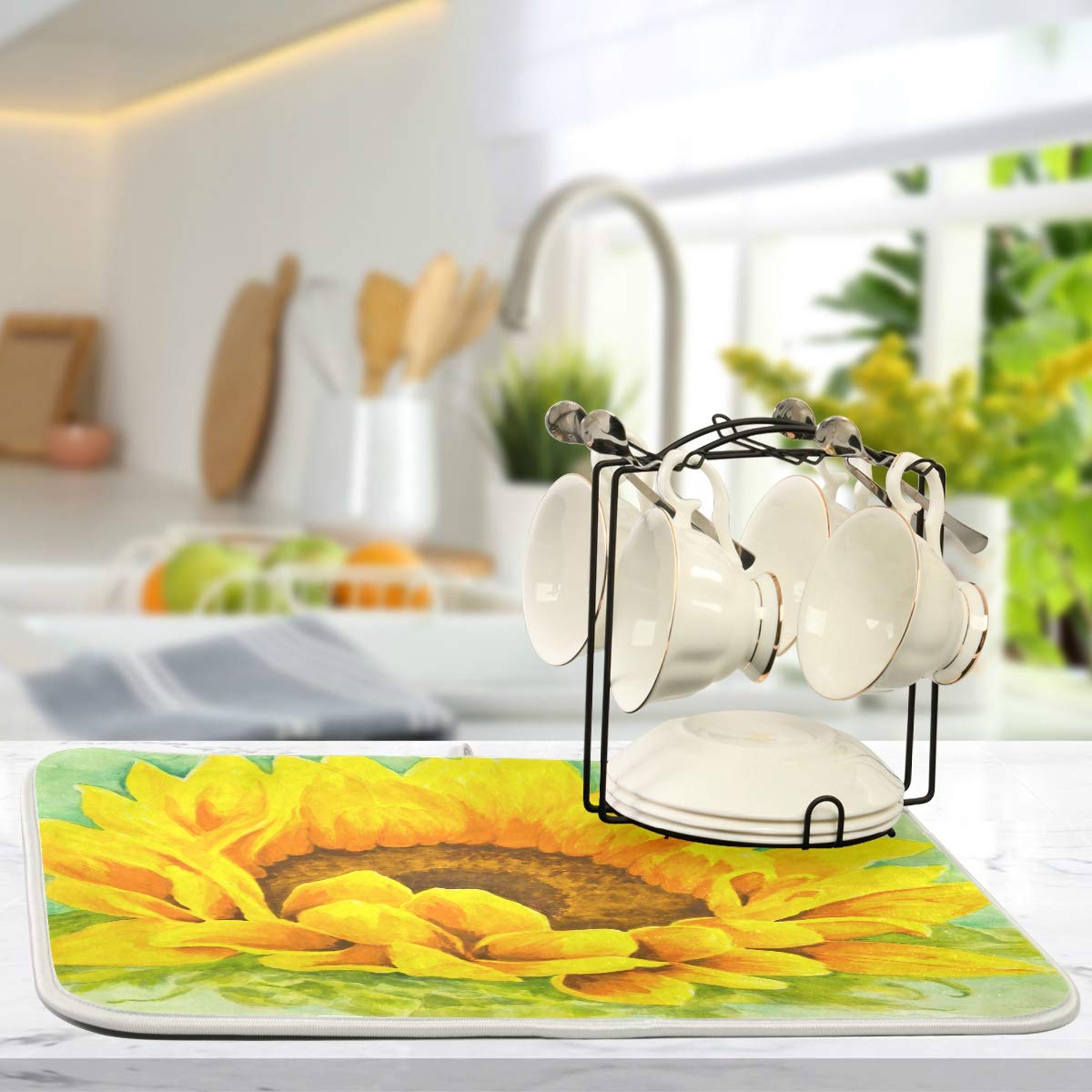 Yellow And Orange Sunflower Dish Drying Mat For Kitchen, Absorbent Microfiber Drying Pad Dish Mat, 24'' X 18''