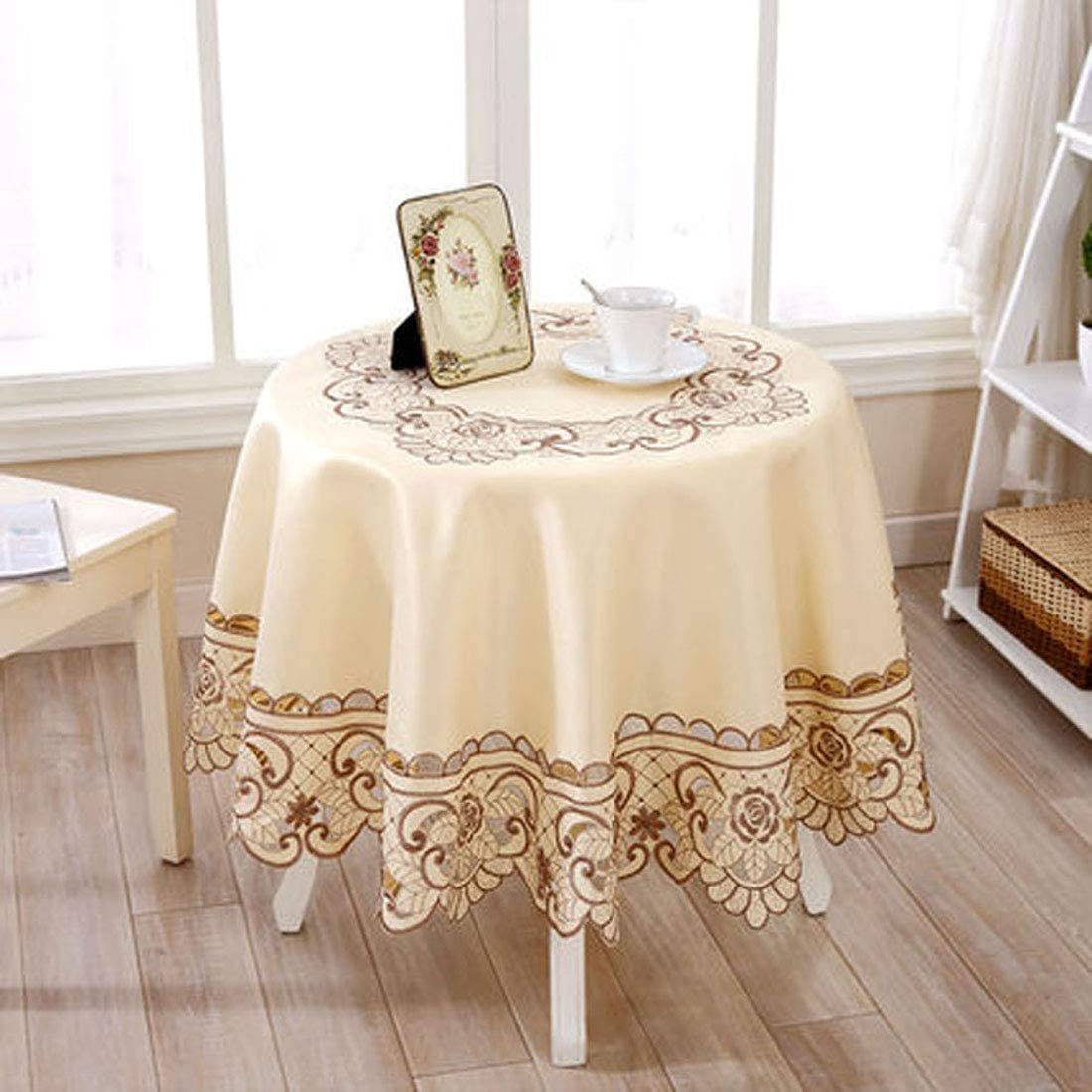Lelehome 68'' Round Brown Flower Embroidered Tablecloth Beige Polyester Vintage Large Dining Cover Home Decor Table Cloth