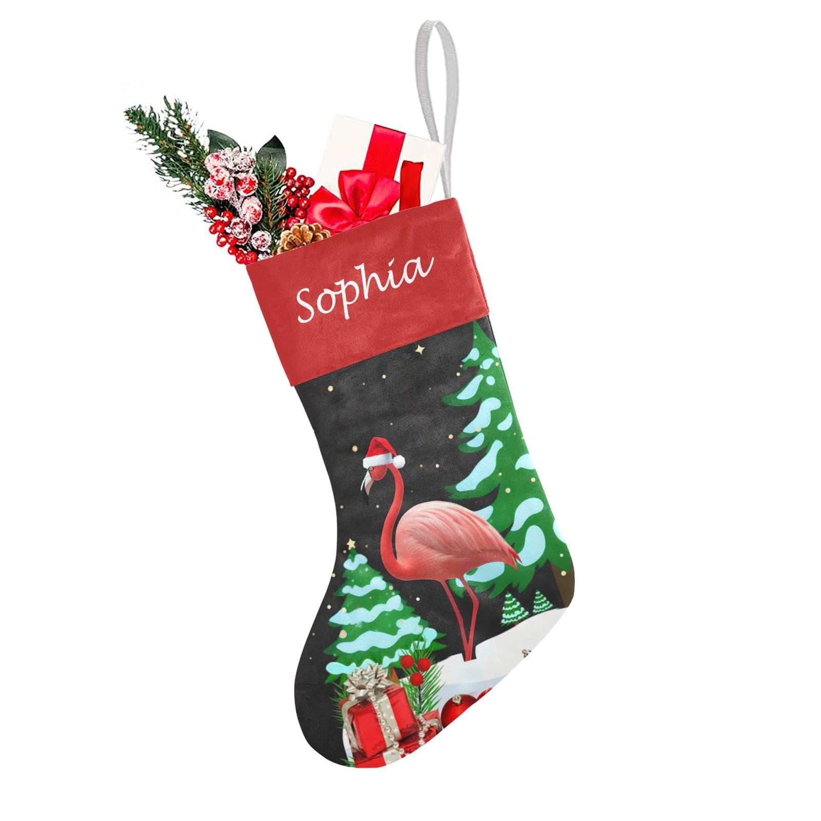 Flamingo Animal Christmas Tree Hat Christmas Stockings Custom Personalized Name Xmas Festive Gift Decor Family Party 17.52 x 7.8