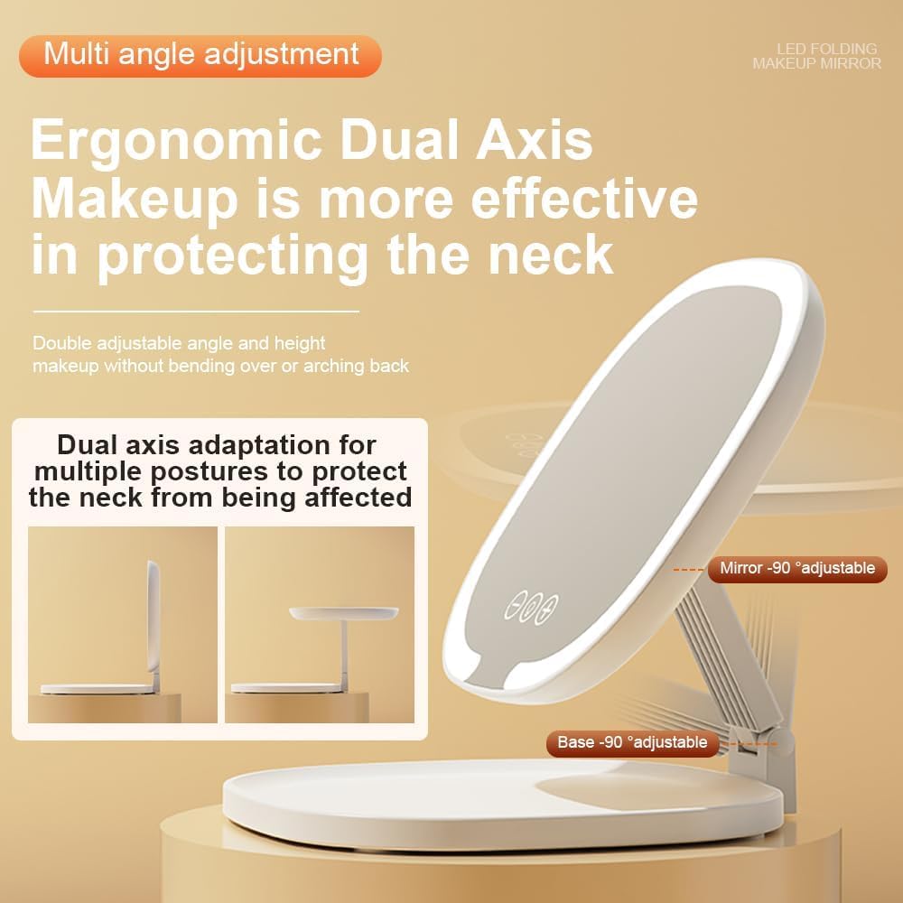 Lumicll Rechargeable LED Travel Makeup Mirror, 3-Color Lighting, Dimmable Touch Screen, Multi Angle Adjustable, Foldable and Por