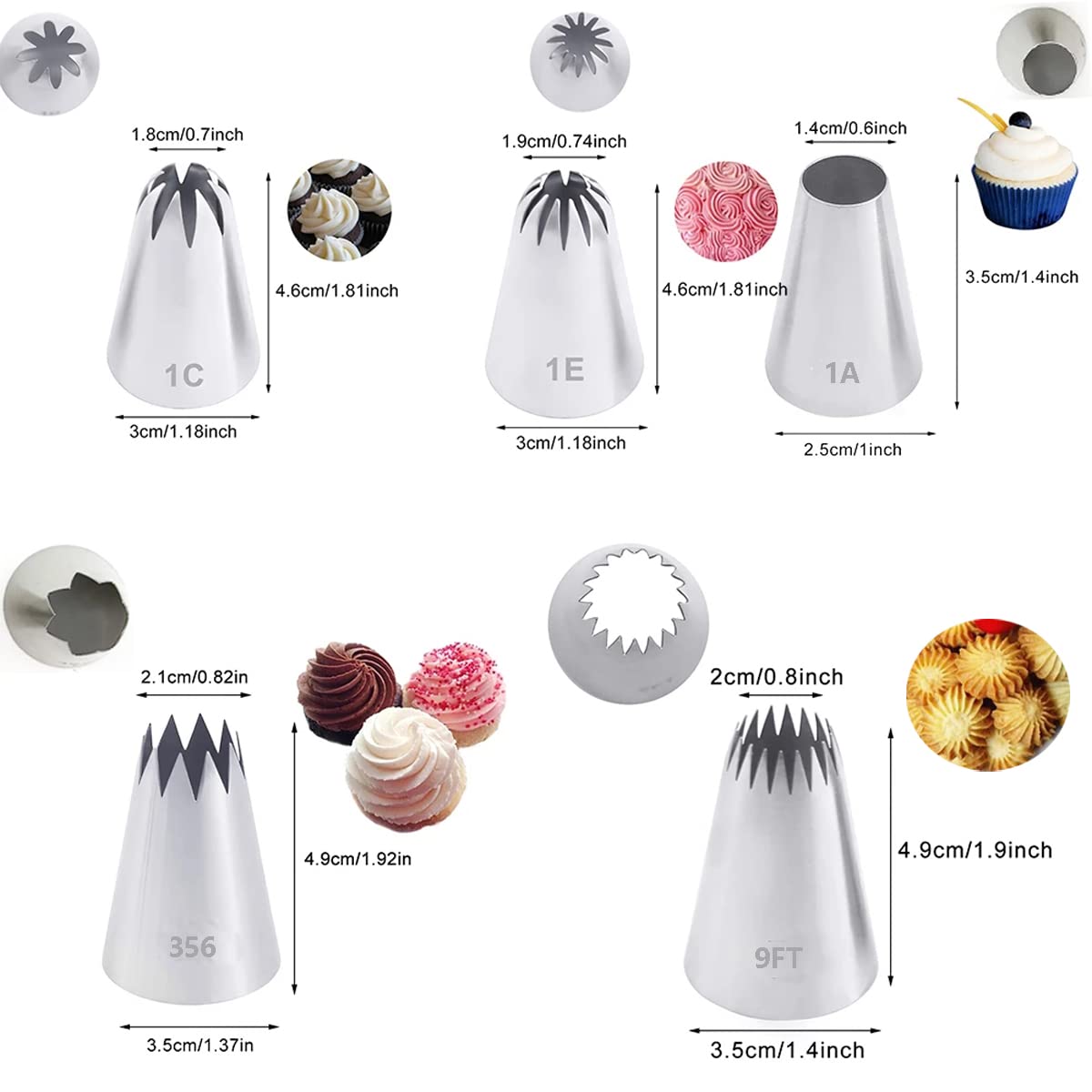 Bmaacye Piping Tips Set - Large Pastry Decorating Nozzles for Cakes, Cupcakes, and Cookies, Type C (1A, 1C, 1E, 356