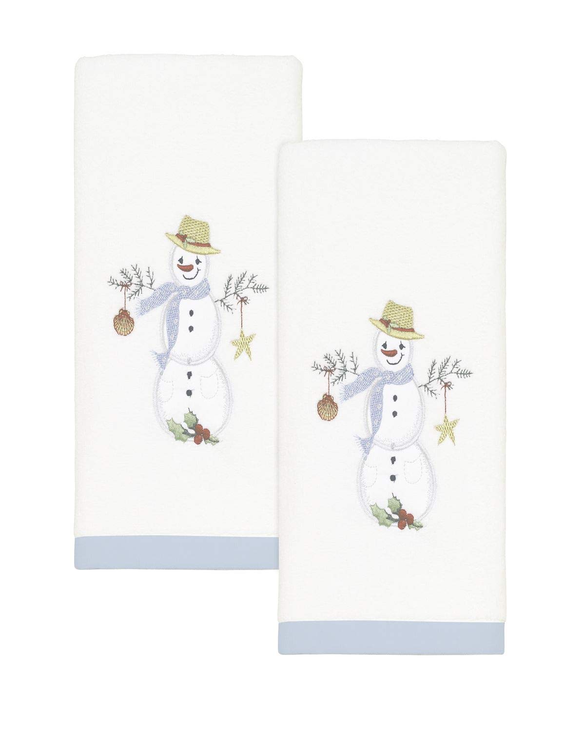 Avanti Linens - Fingertip Towels, Soft Cotton Velour, Embroidered, Festive Home Decor, Set Of 2 (Coastal Snowman Collection)