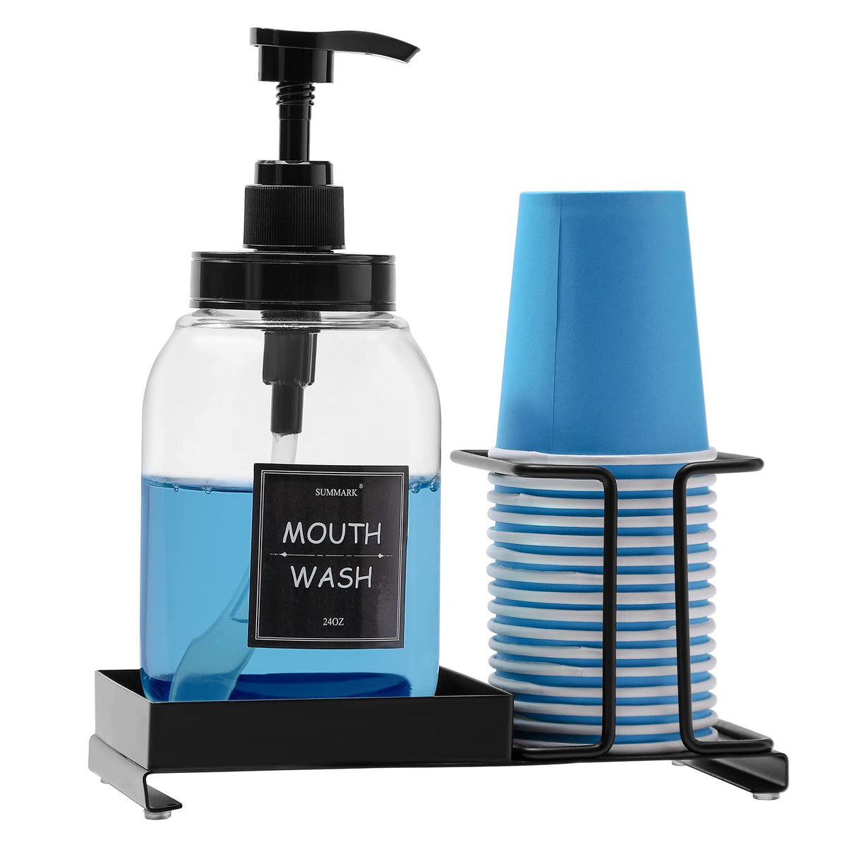 Summark Mouthwash Dispenser For Bathroom,Mouth Wash Pump Bottle With Stainless Steel Cup Holder,24 Oz Refillable Clear Mouthwash