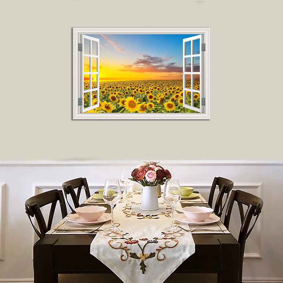 Sunflower Wall Art Decor For Living Room Window Style Sunset Canvas Picture For Bedroom Realism Yellow Flowers Filed Artwork For