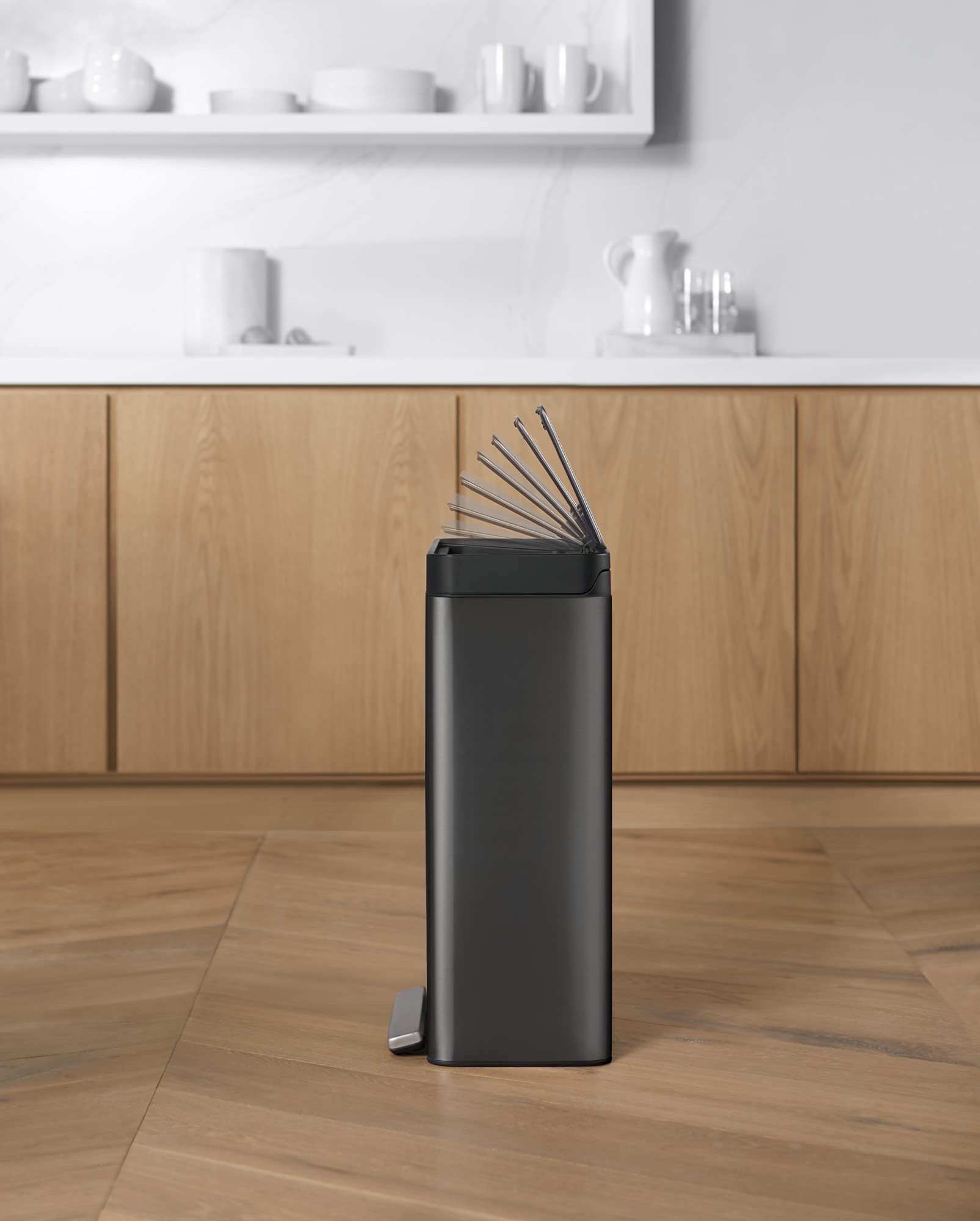 Kohler K-20941-Bst Kitchen Trash Can, 8 Gallon Trash Can Trash With Quiet-Close Lid And Hands Free Foot Pedal In Black Stainless
