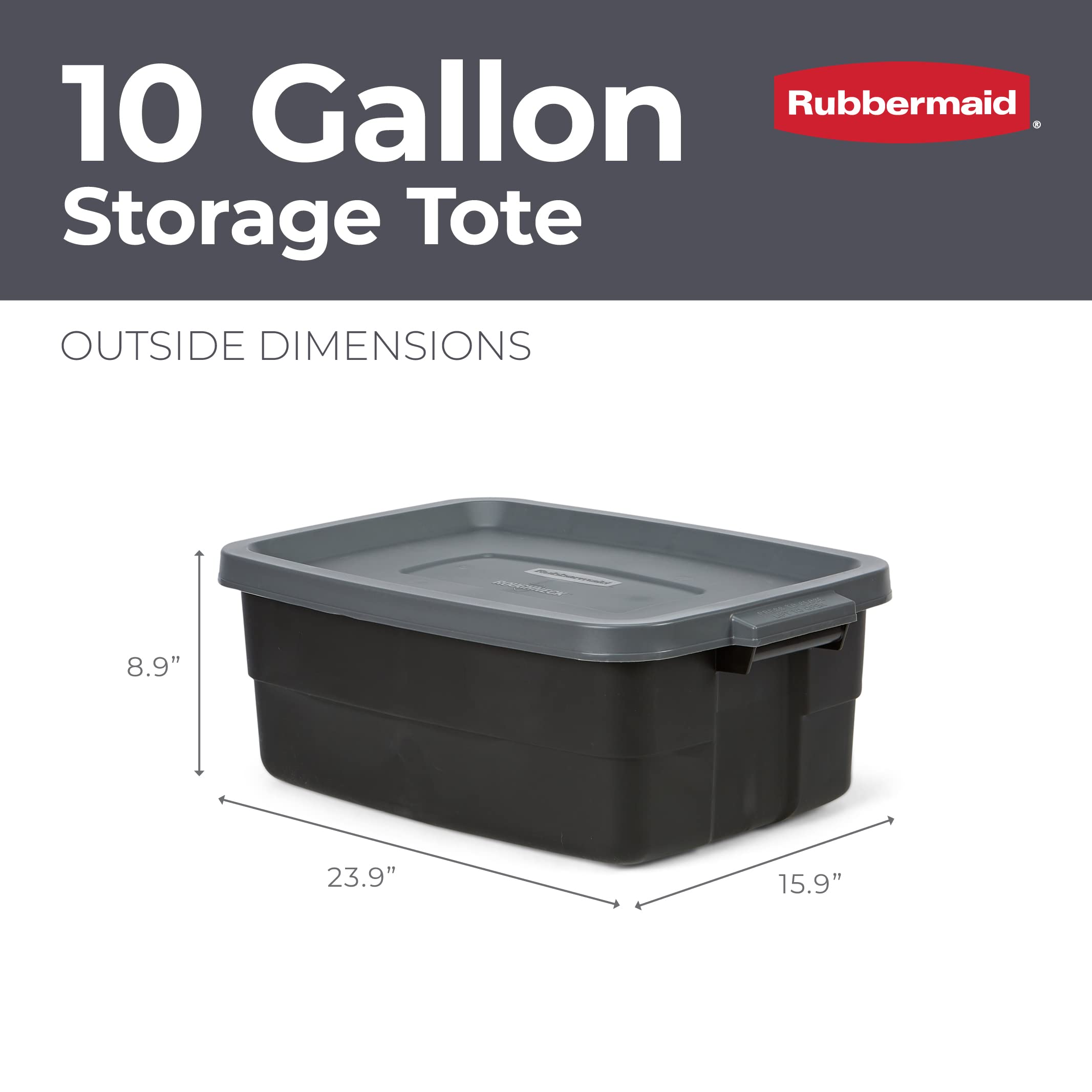 Rubbermaid Roughneck Tote 10 Gal - 6 Pack |Made In The Usa| Black & Grey, Rugged Plastic Stackable Storage Tote With Lid And Han