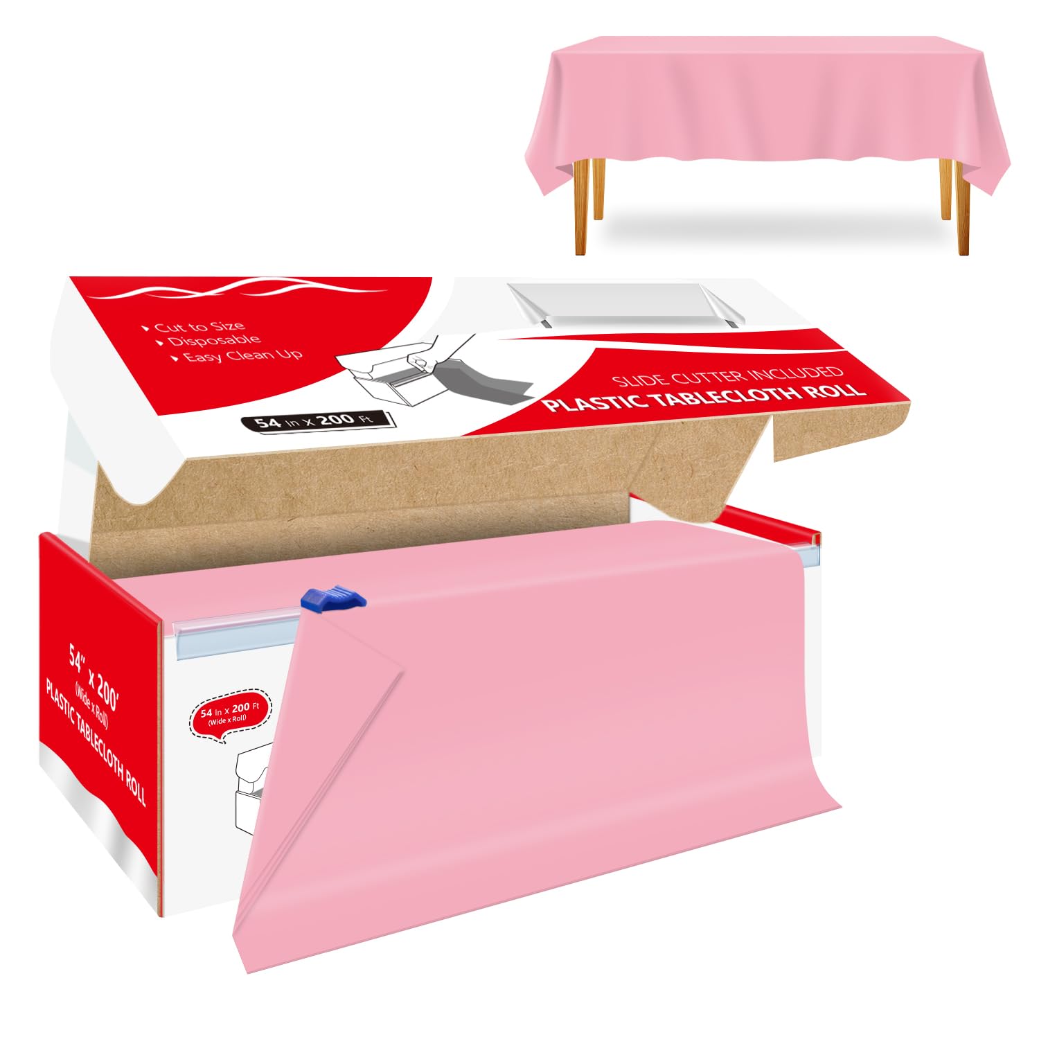 Xnluothsk 54 Inch x 200 Feet Pink Plastic Tablecloth Roll Cut to Size Disposable Table Cover with Cutter Box Plastic Table Cloth