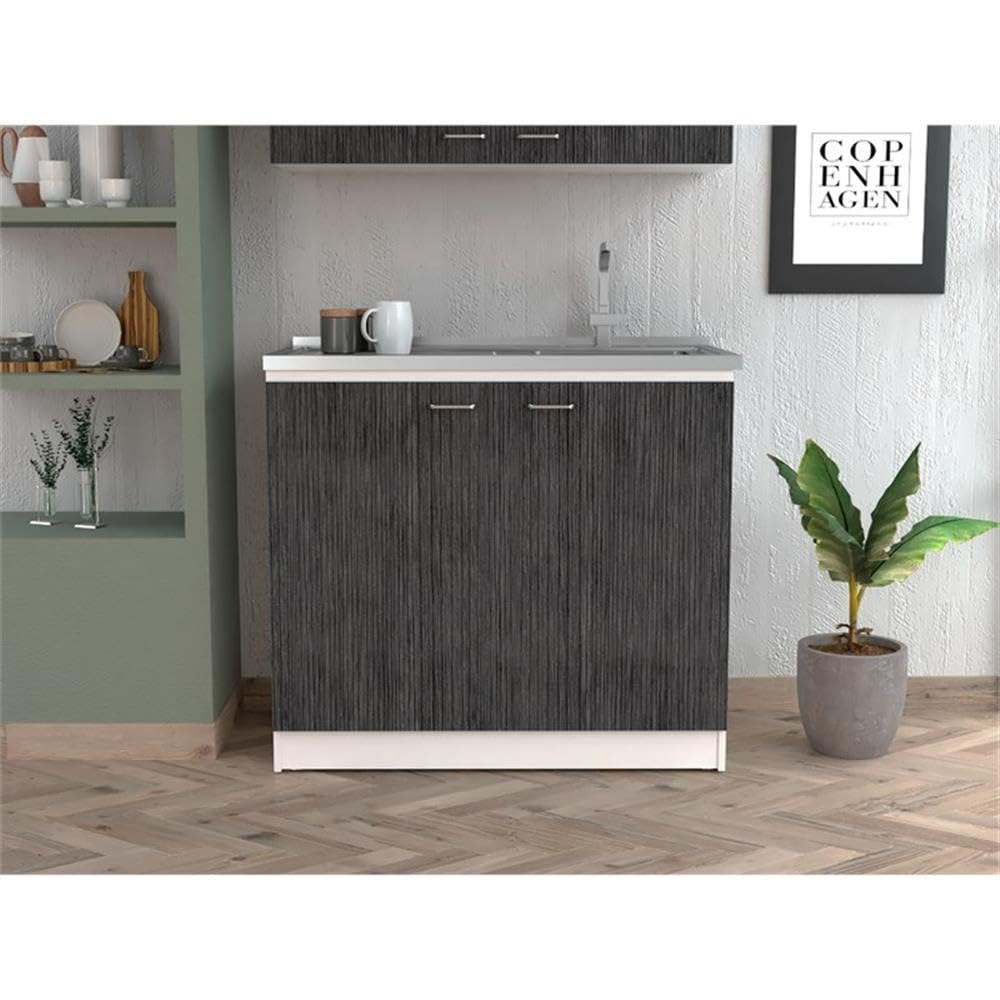 TUHOME Napoles Utility Sink  Two Shelves  Two-Door Cabinet  Countertop- White/Smoky Oak  For Kitchen Room