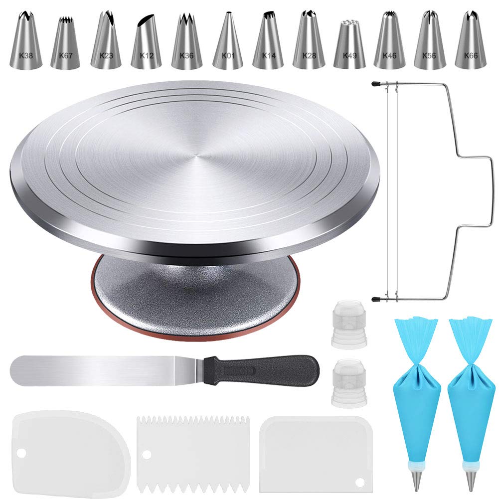 Kootek 22Pcs Cake Decorating Supplies Kit, Baking Tools With 12'' Aluminium Cake Turntable Rotating Cake Stand, Piping Bags And