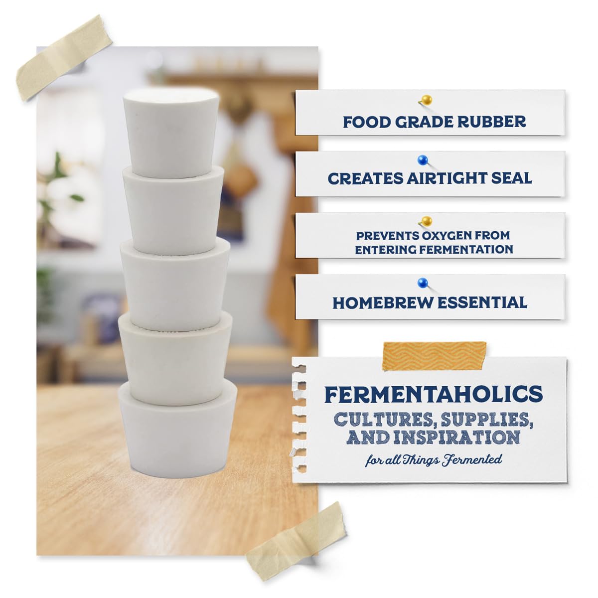 Fermentation Rubber Stoppers Solid Bungs - #7.5 Rubber Stopper - 4 Pack