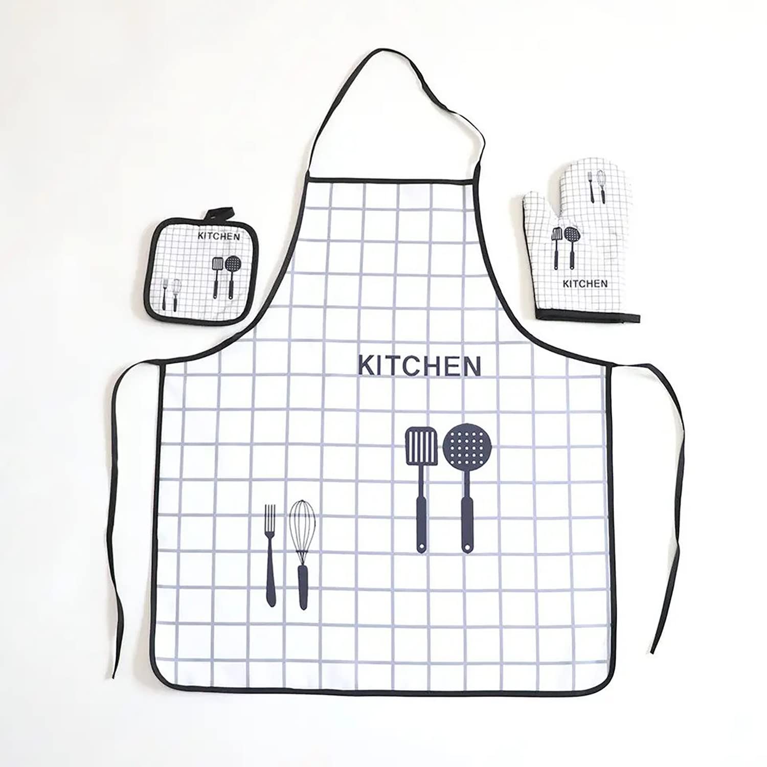 House Of Quirk Kitchen Oven Mitts Glove Potholder Apron And Heart Non Slip Heat Resistant Mitts For Baking Cooking Bbq (White Ch