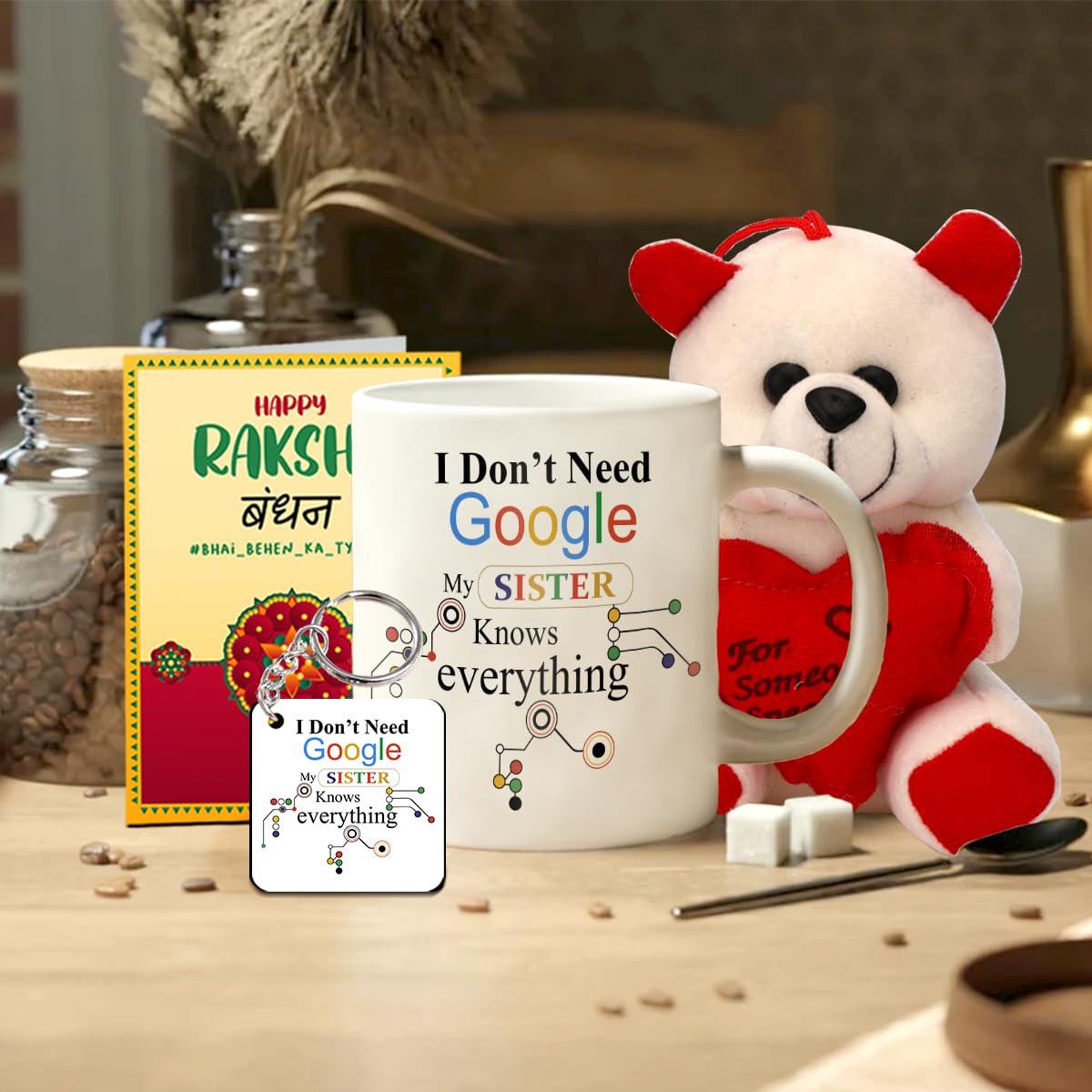 SKYTRENDS Rakhi Gift for Sister Printed Coffee Mug with keychain, Teddy, Greeting card Gift for Birthday, Raksha Bandhan for Sis