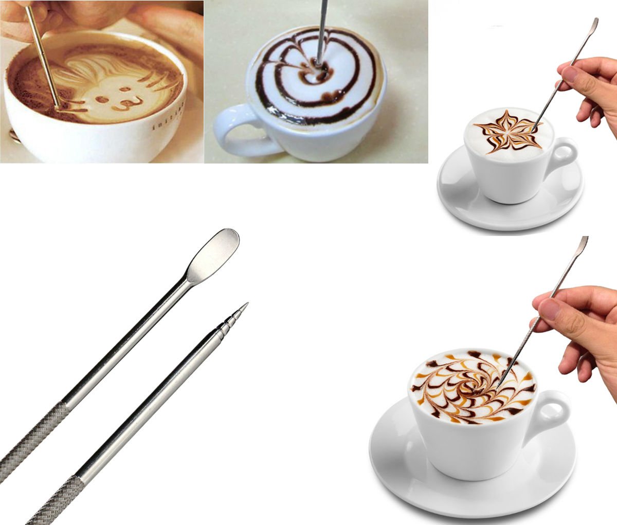 Akoak Stainless Steel Coffee Art Pen,Coffee Fancy Stitch Barista Tool For Cappuccino Latte Espresso Decorating,2 Pieces