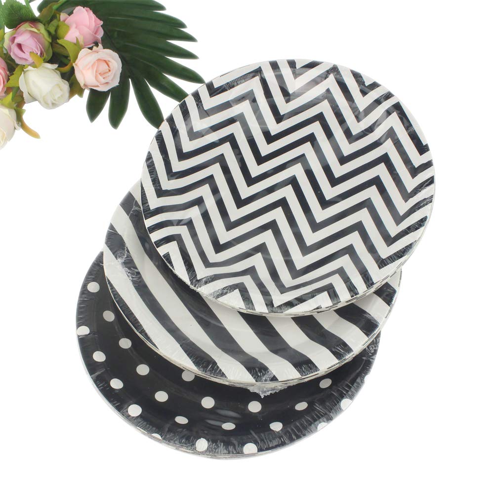 Dulousia Black Striped Polka Dot Chevron Paper Plates 36Pcs - 9Inch Round Party Plates For Dessert, Cakes, Fruits
