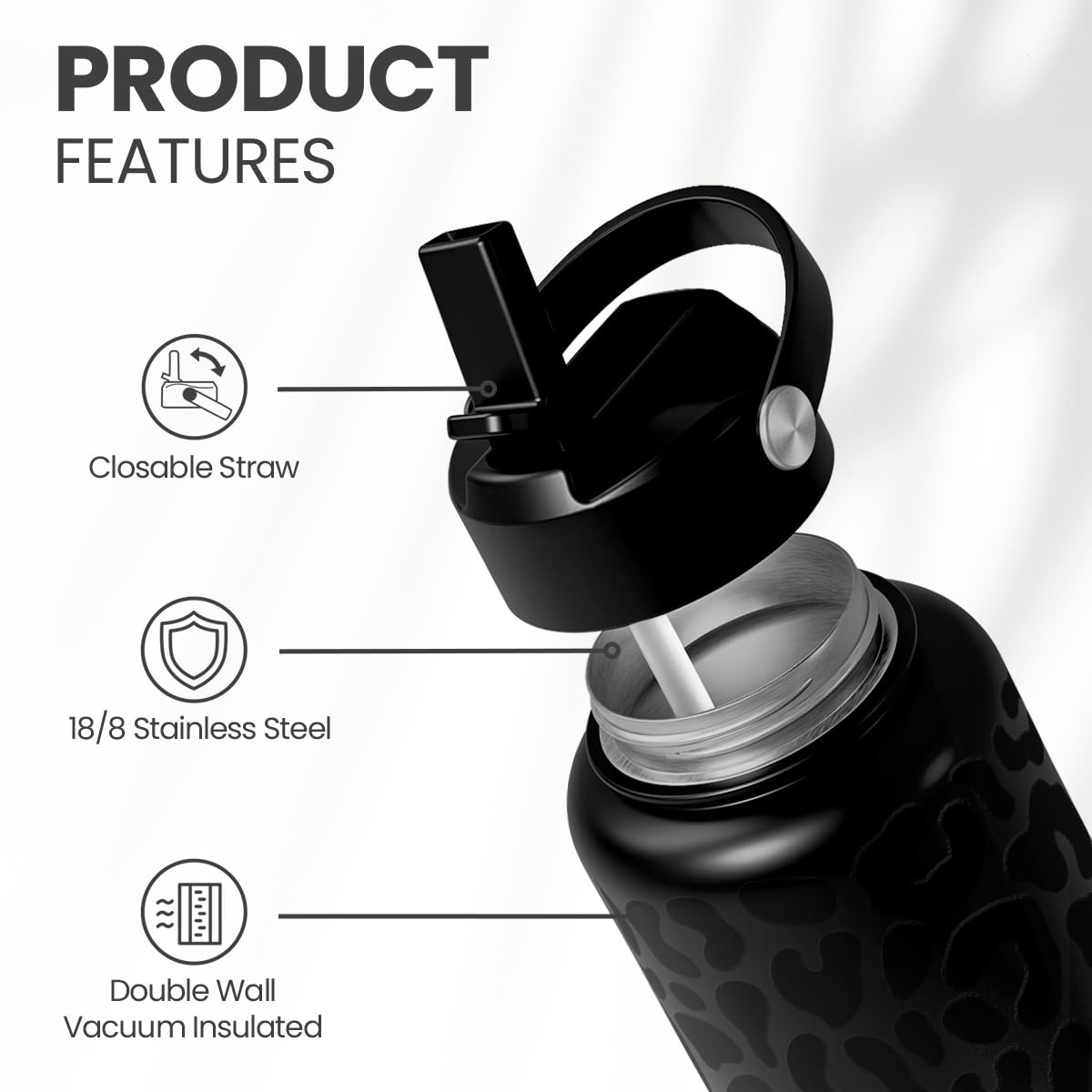 SANDJEST Leopard Water Bottle 32oz Stainless Steel Double Wall Vacuum Insulated with Lid, Leopard Print Water Bottles for Gym Sp