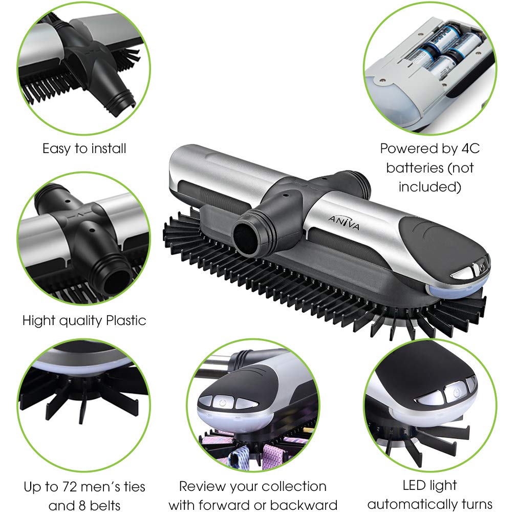Aniva Motorized Tie Rack Closet Organizer With Led Lights Includes J Hooks For Wired Shelving Stores Up To 72 Ties & 8 Belts, Op