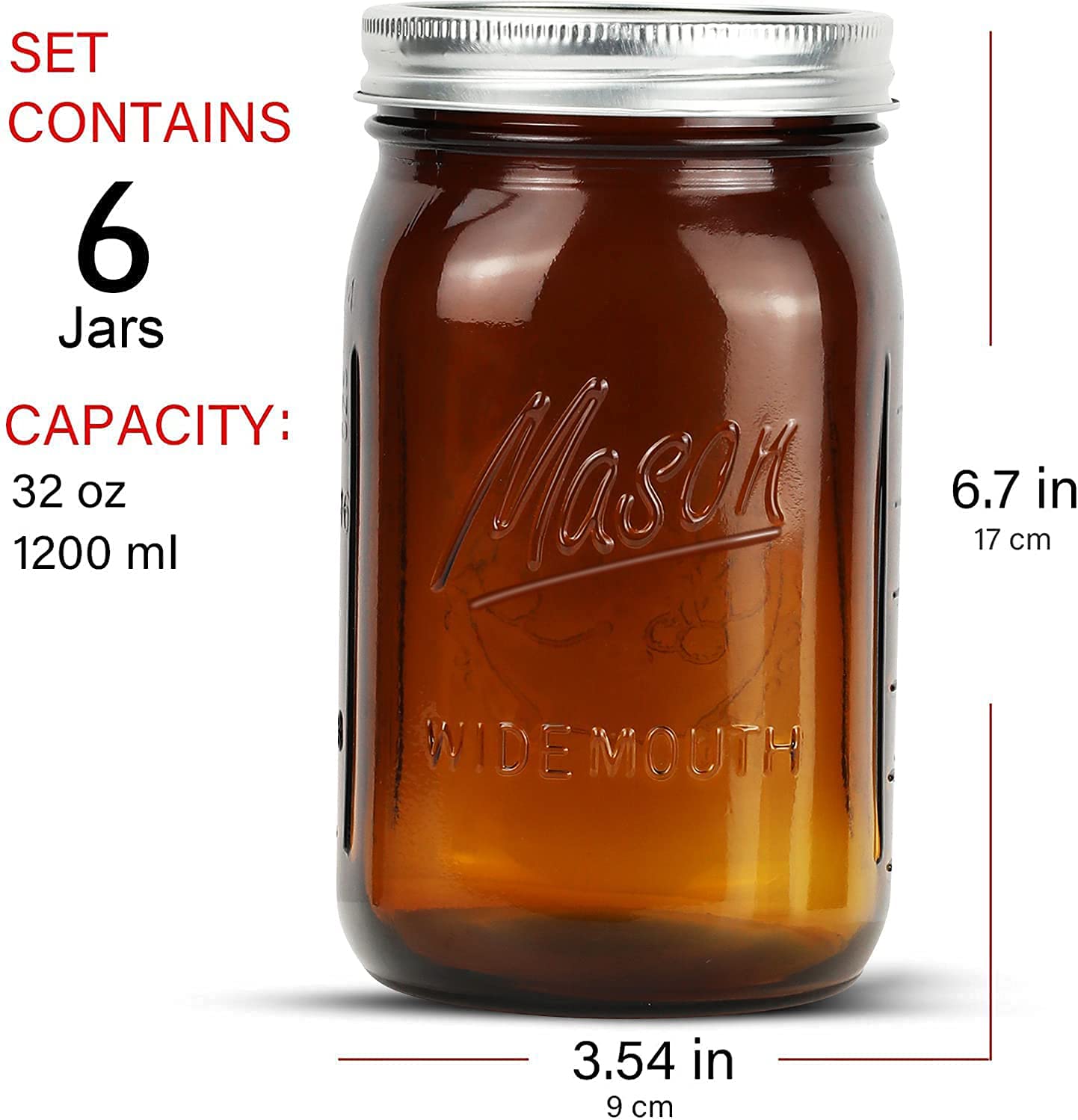 Polytun Amber Glass Mason Jars 32 Oz Wide Mouth With Airtight Lids And Bands 6 Pack, Amber Clear Glass Canning Mason Jars, Quart
