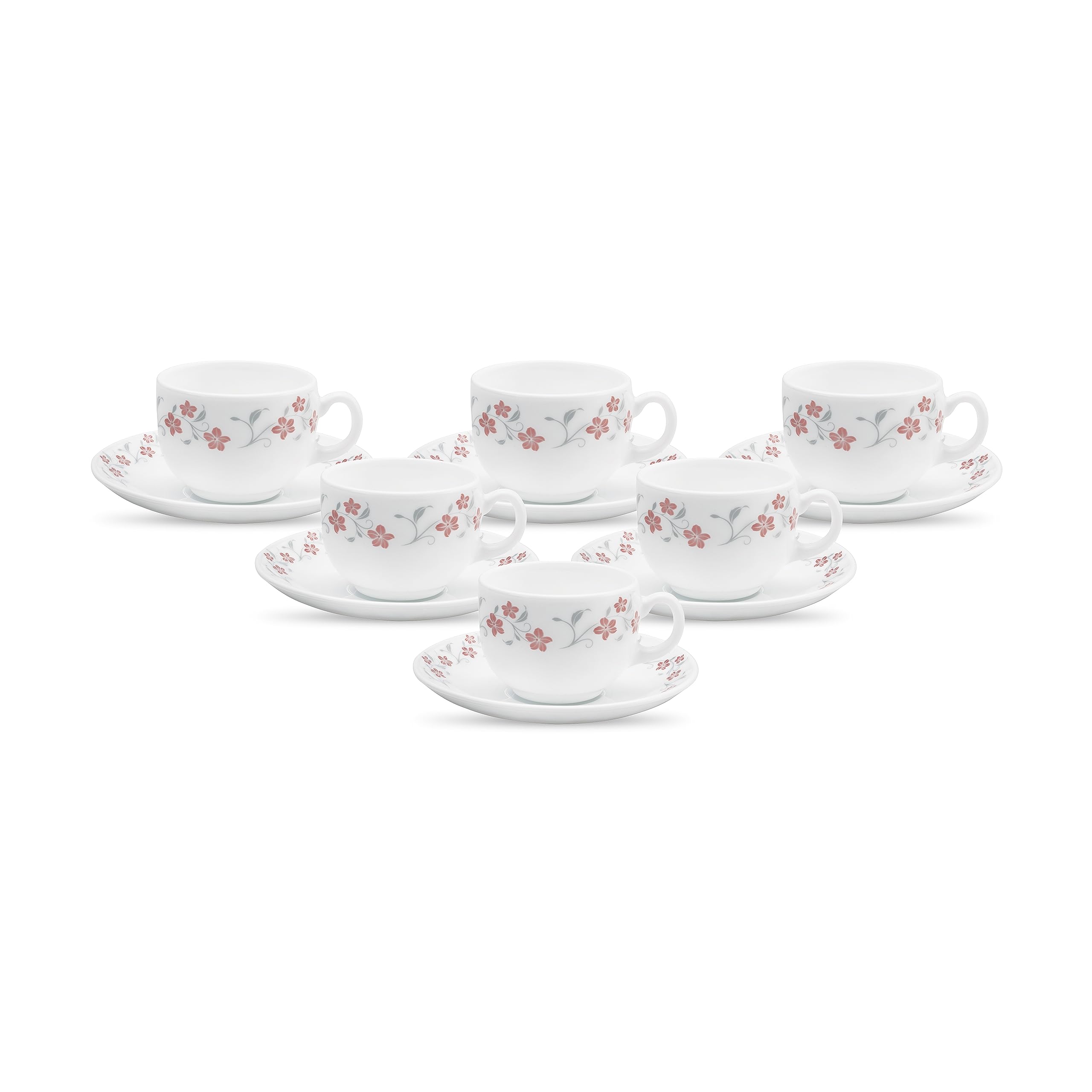La Opala Diva, Opal Glass Crockery | Cup & Saucer Iris Large, Set Of 12 | Grace Red, 220 Ml | For Tea & Coffee | Microwave Safe 