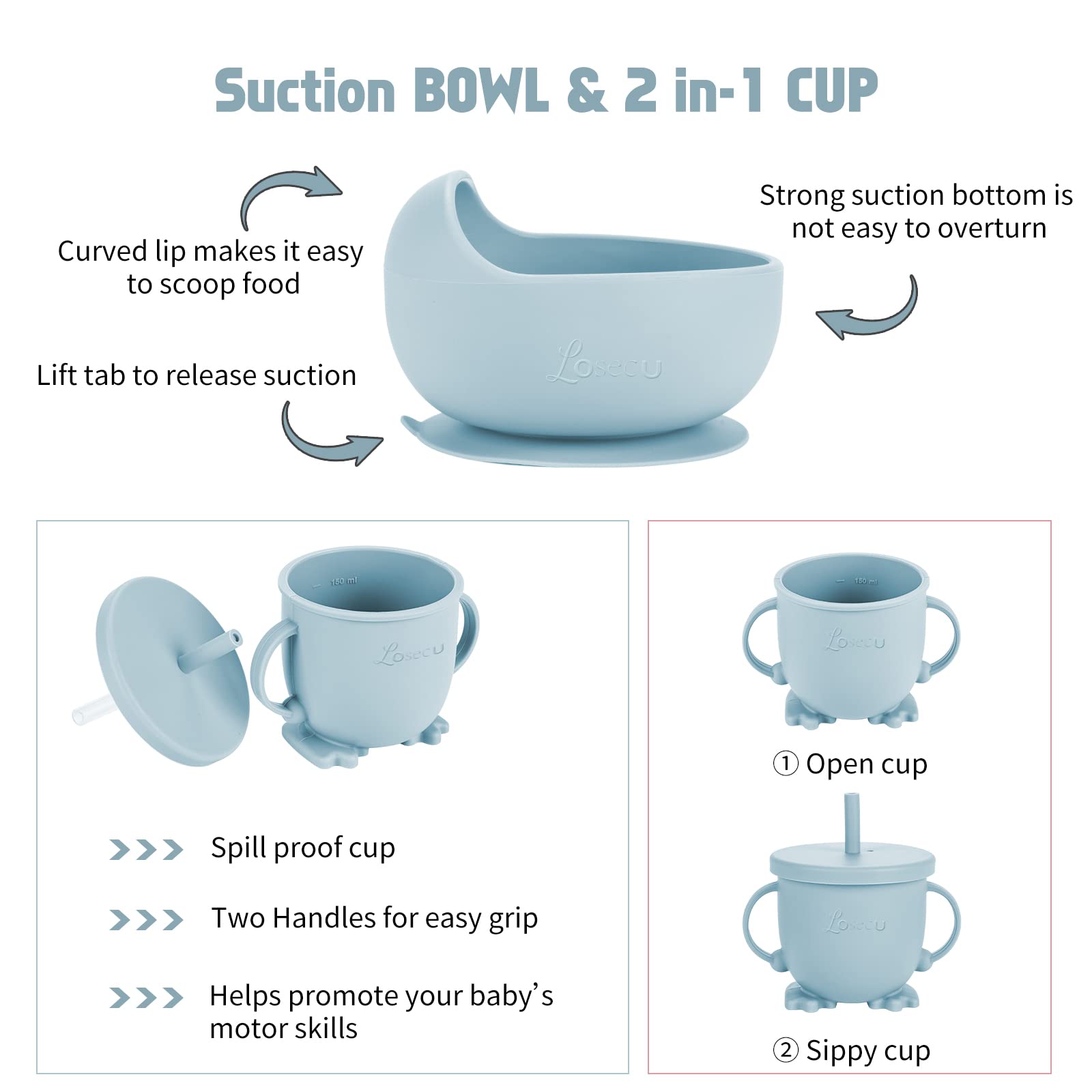 Losecu Silicone Baby Feeding Set|Baby Led Weaning Supplies Set|Suction Baby Plate Bowl Set with Bib Spoon Fork Sippy Cup|Baby Fe